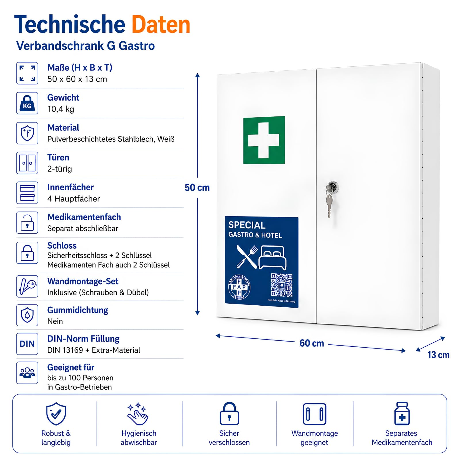 First Aid Products Gastro Erste Hilfe Verbandschrank Groß - Gastronomie Hotel mit Verbands-Set DIN13169 | Detect-Pflaster HACCP & Burngel | für Küche Restaurant für Wandmontage - Zwei Türen 60×50×13cm