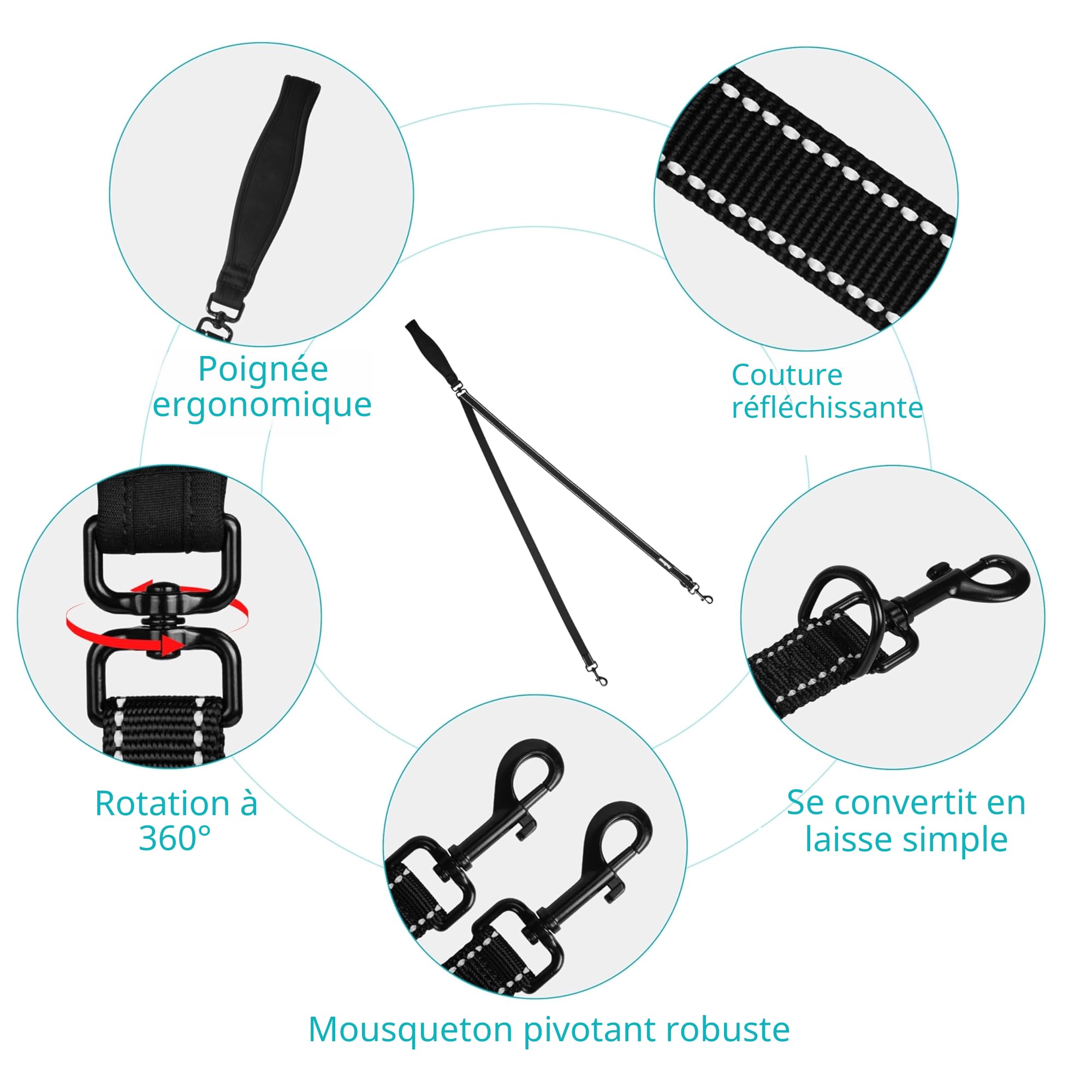 PetBonus Laisse Anti-Traction pour Chien, Double Laisse Anti-Traction réfléchissant, pour l'entraînement et la Marche, pour Chiens de Grande Taille et Moyenne (Noir)
