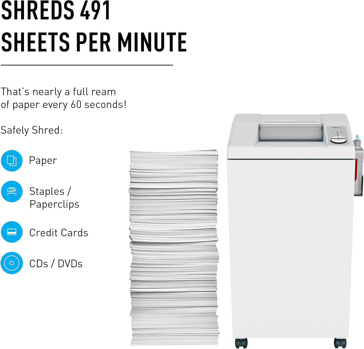 ideal. 2604 Cross-Cut Centralized Office Shredder with Automatic Oiler, Continuous Operation, 23 to 25 Sheet Feed Capacity, 26 gal Bin, Shred Staples/Paper Clips/Credit Cards/CDs/DVDs, P-4 Security thumbnail