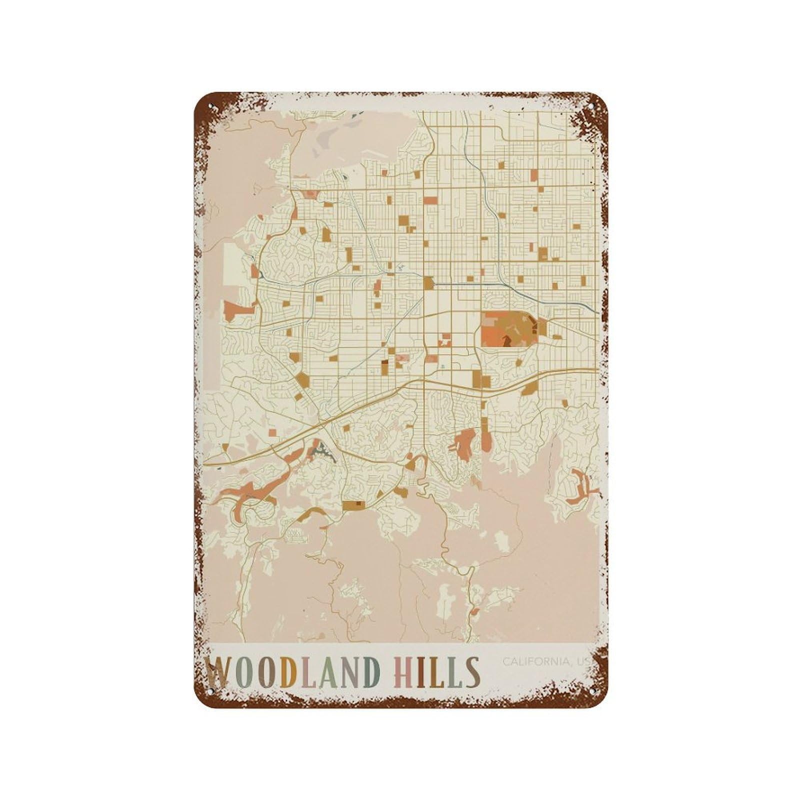 xiaoxiaoshen Woodland Hills Map California Travel Gift Boho Wall Decor Art Metal Tin Poster Modern Home Decor Art Home Bar Shop Decorations Vintage Sign 30x20cm