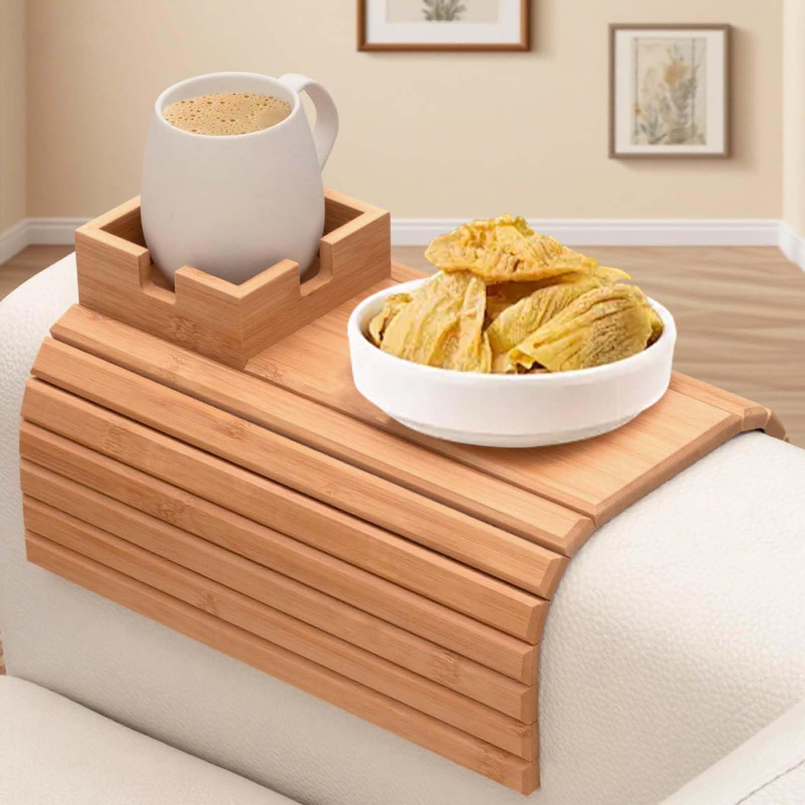 Prettiee Foldable Bamboo Tray with Cup Holder Non Slip Design for Sofa Recliner or Loveseat – Versatile Serving Tray for Home Kitchen and Outdoor Use (Style 1 41 * 34cm)