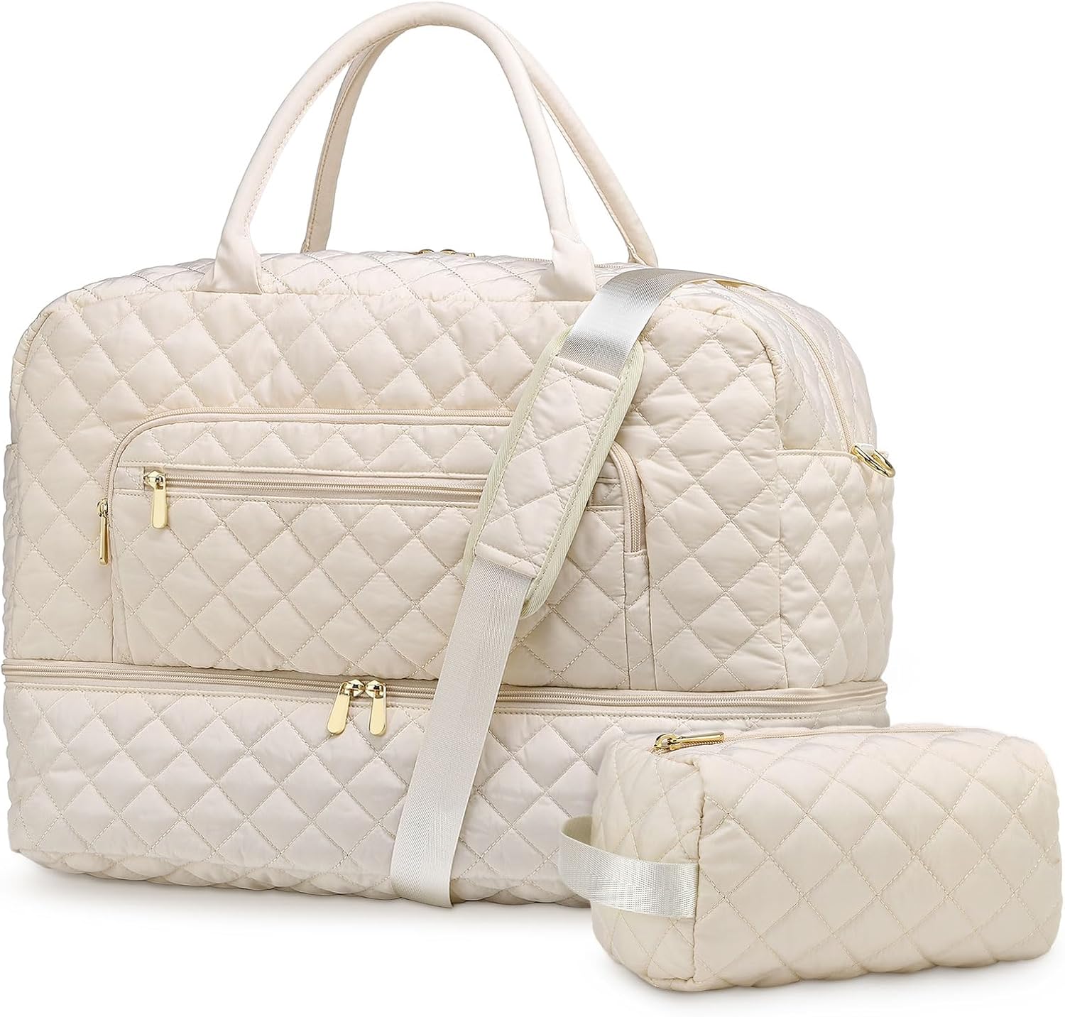 Large Travel Duffle Bag for Women, Quilted Duffle Bag,Weekender Bag W/Shoe Compartment+Wet Pocket+Toiletry Bag, Beige