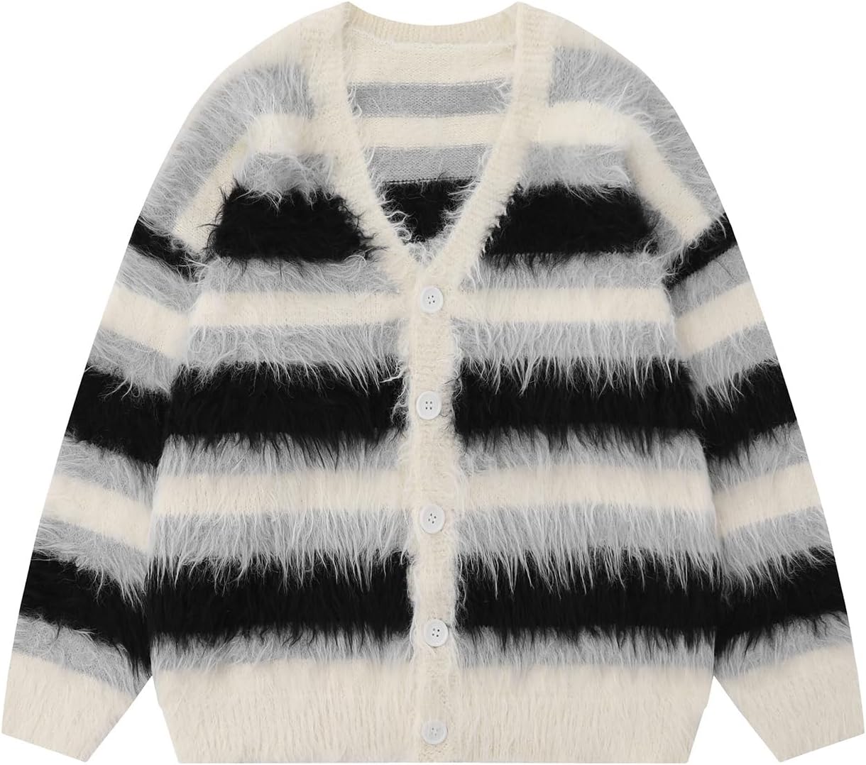 Bakyarder Men's Color Blocking Striped Fuzzy Cardigan Casual Vintage Oversized Button Down Knit Sweater