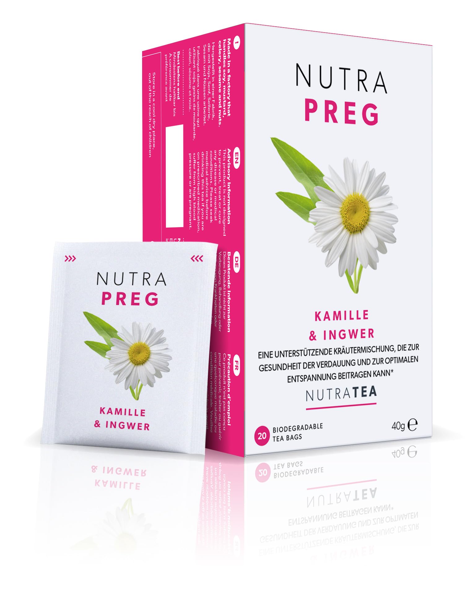 Nutra Tea NUTRAPREG, Schwangerschaftstee unterstützt während der Schwangerschaft das Wohlbefinden, beugt Übelkeit vor, trägt zur Entspannung bei, 120 wiederverwendbare Teebeutel, mit Kamille & Ingwer