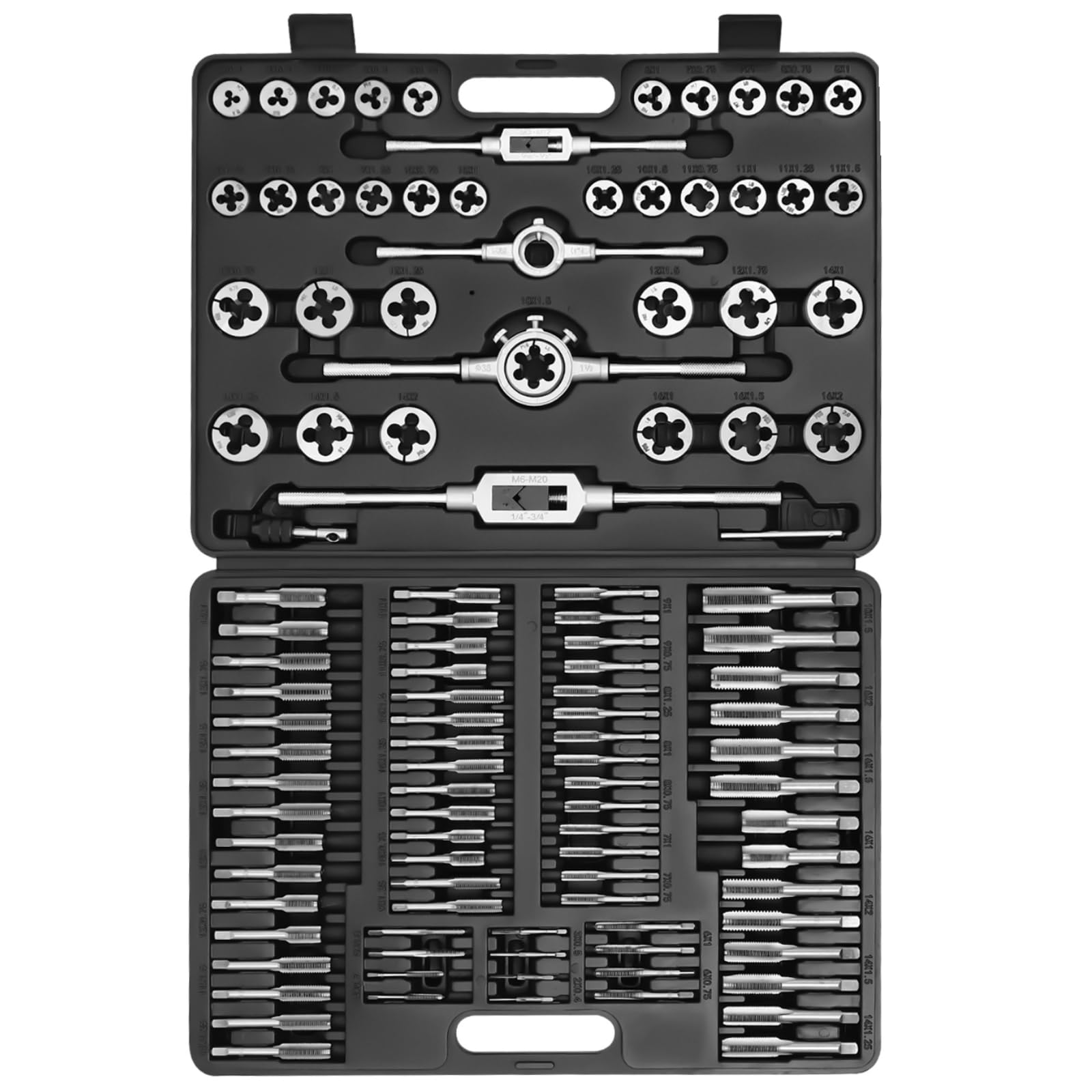 Juego de 110 roscas, M3-M12, M6-M20, juego de machos de roscar y terrajas de carraca, juego de roscar con caja de herramientas