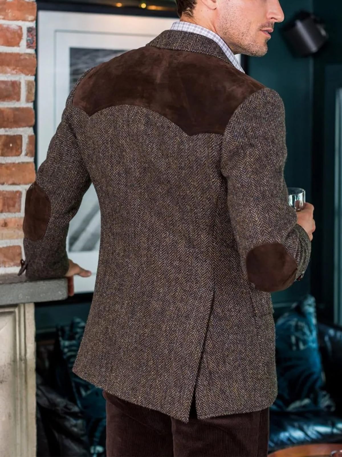 Giacca sportiva da uomo in tweed misto lana a spina di pesce con toppa su spalle e gomiti, stile retrò, casual, slim