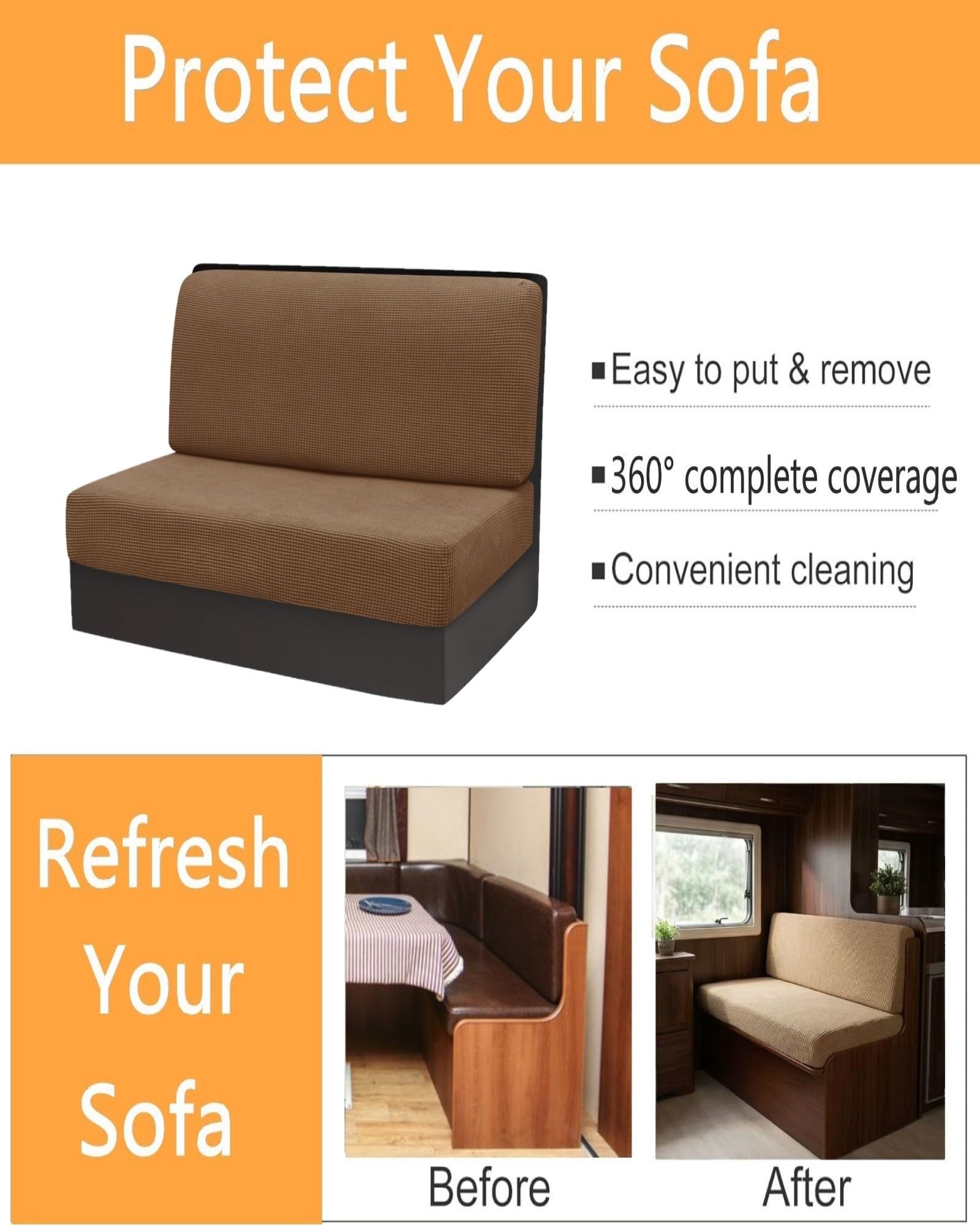 Housse De Coussin De Siège De Caravane, 2 Pièces (1 Set) Élastique Hydrofuge Lavable Housse Banquette RV Housses De Canapé pour Dinette De Camping-Car (Treillis, Couleur Café)
