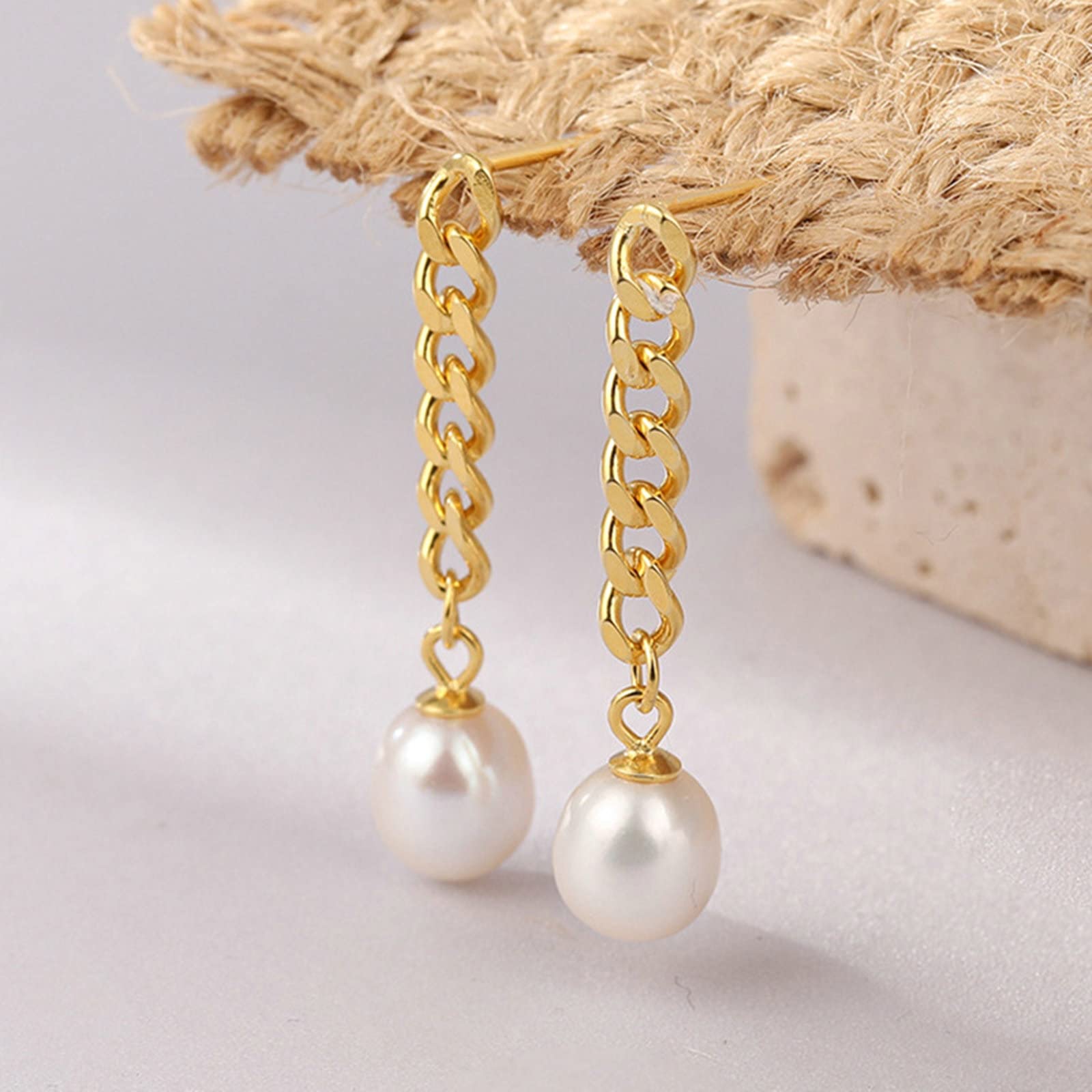 Schlichte Ohrringe für Damen, Creolen aus Sterlingsilber, Tropfenohrringe, Kette, baumelnd, mit Perle