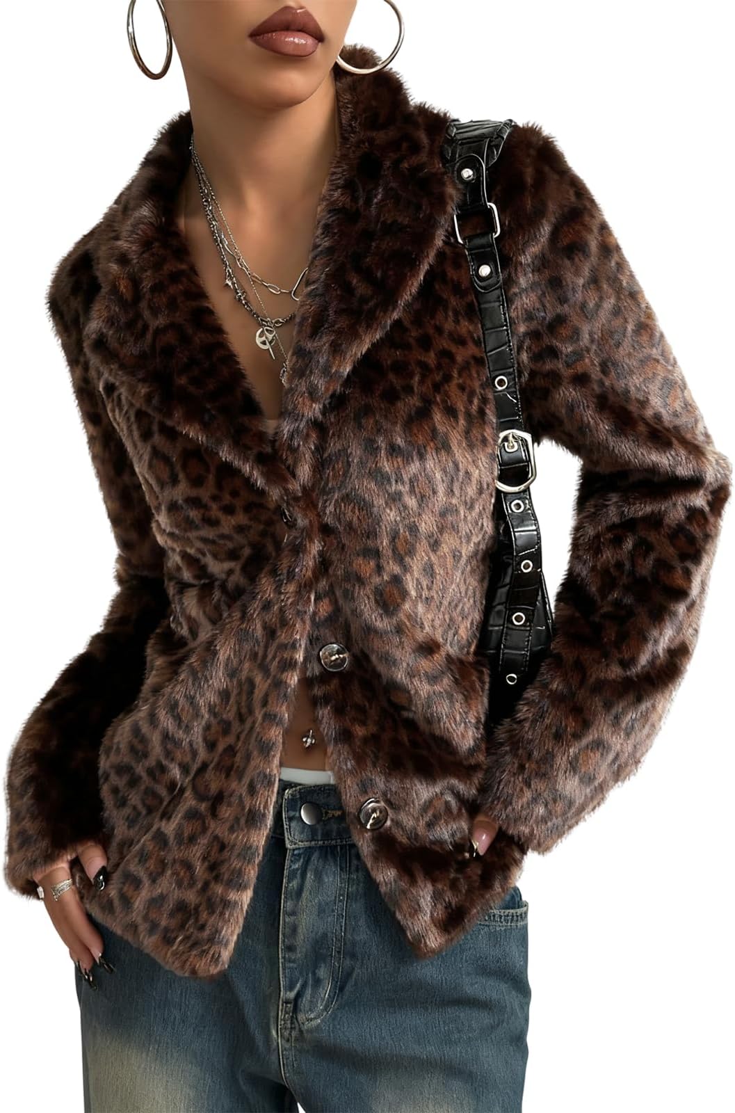 - Womens 2025 Leopard Faux Fur Coat Button Down Winter Coats Fluffy Parka Shaggy Warm Outerwear