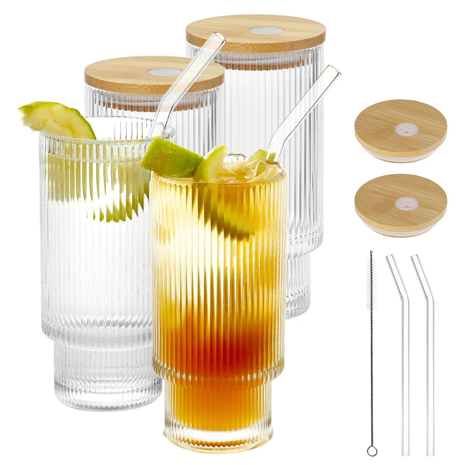 4Pcs Drinking Glasses with Straws, Ribbed Glassware, Ideal for Coffee, Juice, Beer, Tea, Water, 350ml