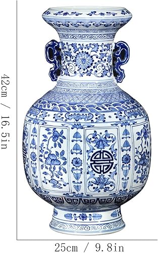 Miniatura 2 de Florero de escultura florero de cerámica chino retro pintado a mano azul y blanco, florero de porcelana grande de 16.5 pulgadas para decoración de