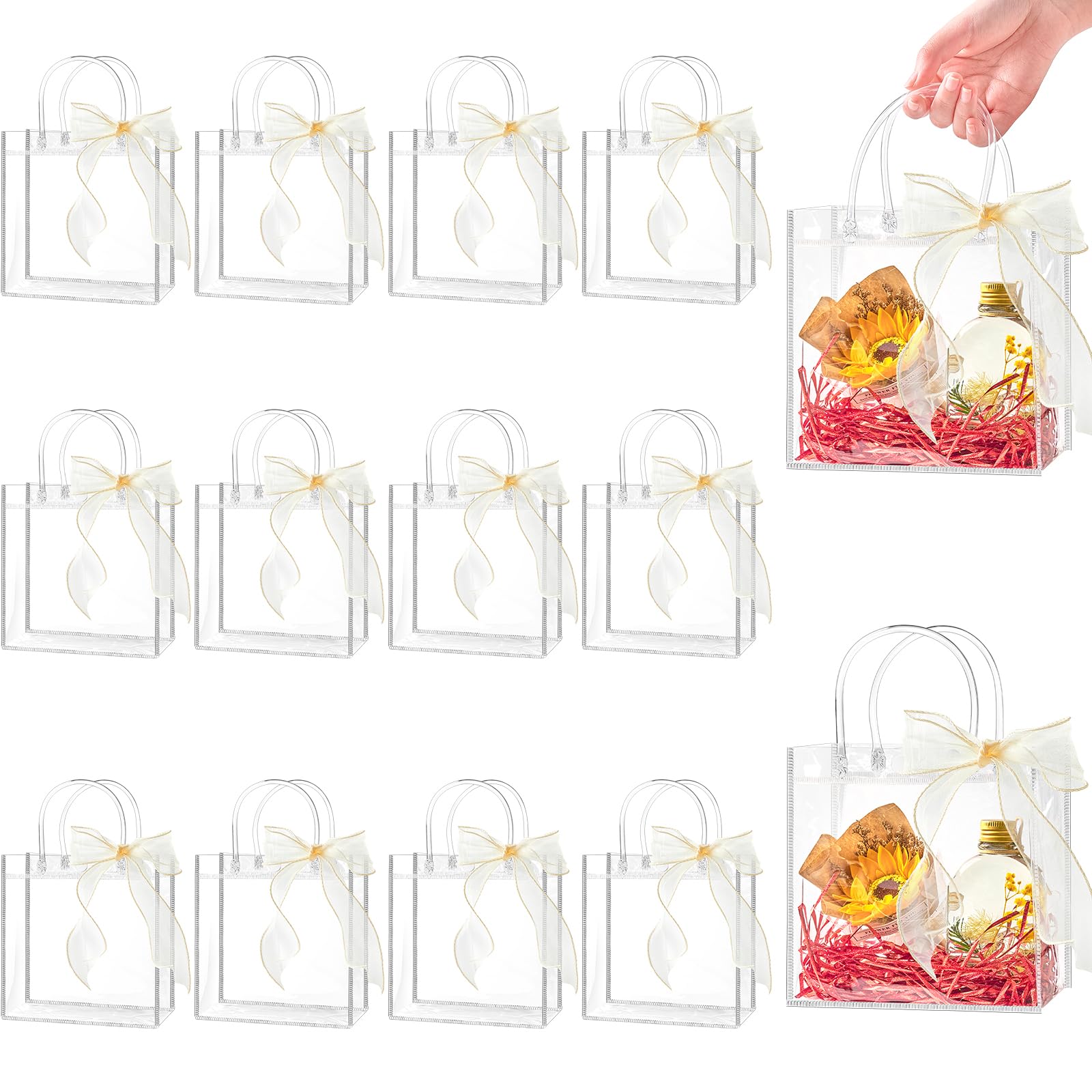 Ohuimrt 50 PCS Clear Plastic Gift Bags with Handles, 6.89 x 6.89 x 3.54 Inches Reusable Party Favor Bags with Ribbon Transparent Gift Wrap Bags Bulk