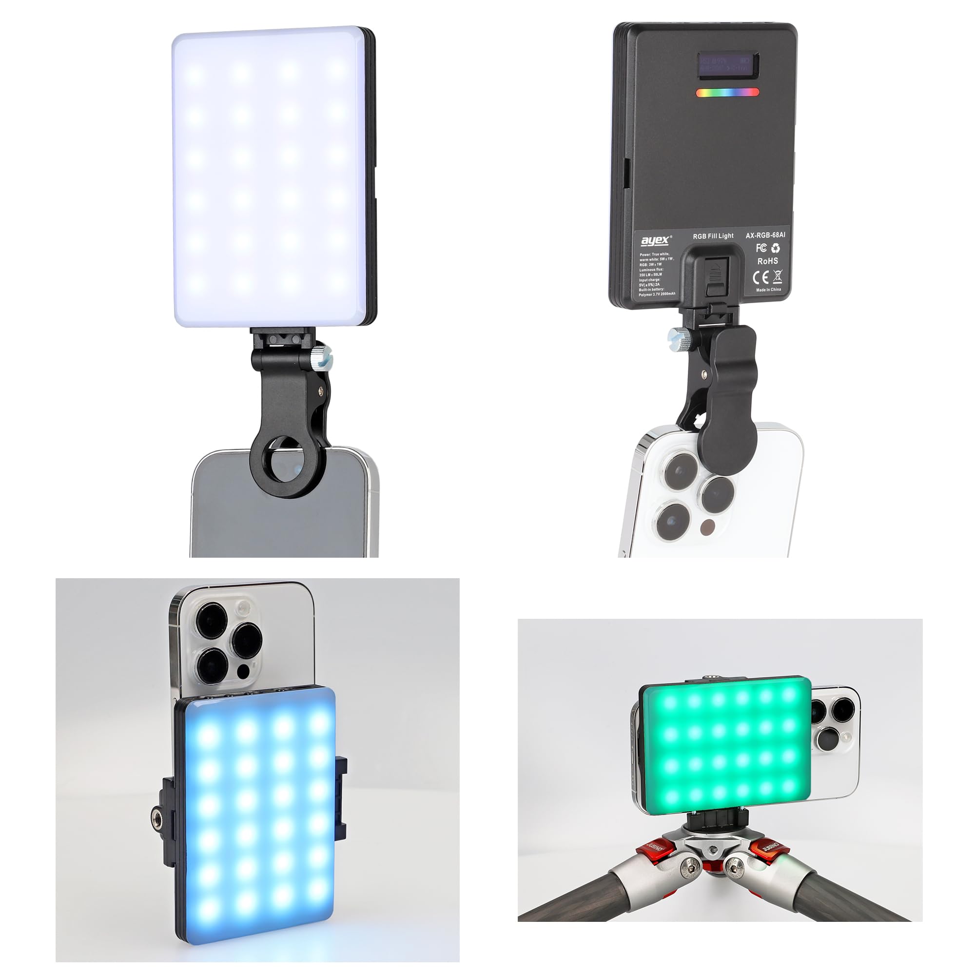 ayex SL60AI - Luce LED per smartphone USB ricaricabile, illuminazione perfetta di ritratti, immagini di prodotti, Vlogs, selfies o Livestream, dimmerabile, 3200-5600k, 60 perline LED