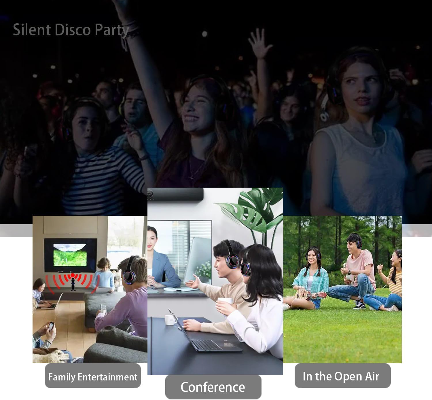 Professional Rechargeable 10 Hours RF Silent Disco Wireless Headphones for Parties Events Weddings Movies Clubbing 5 Headsets Bundel with 1 Transmitter 1600 Feet Distance