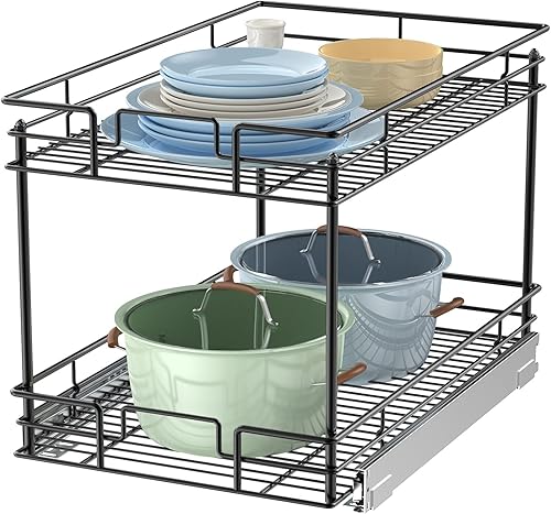 Vista 24 de LOVMOR Organizador de gabinete extraíble de 2 niveles, 14 pulgadas de ancho x 21 pulgadas de profundidad, cajón extraíble cromado para gabinete Plata