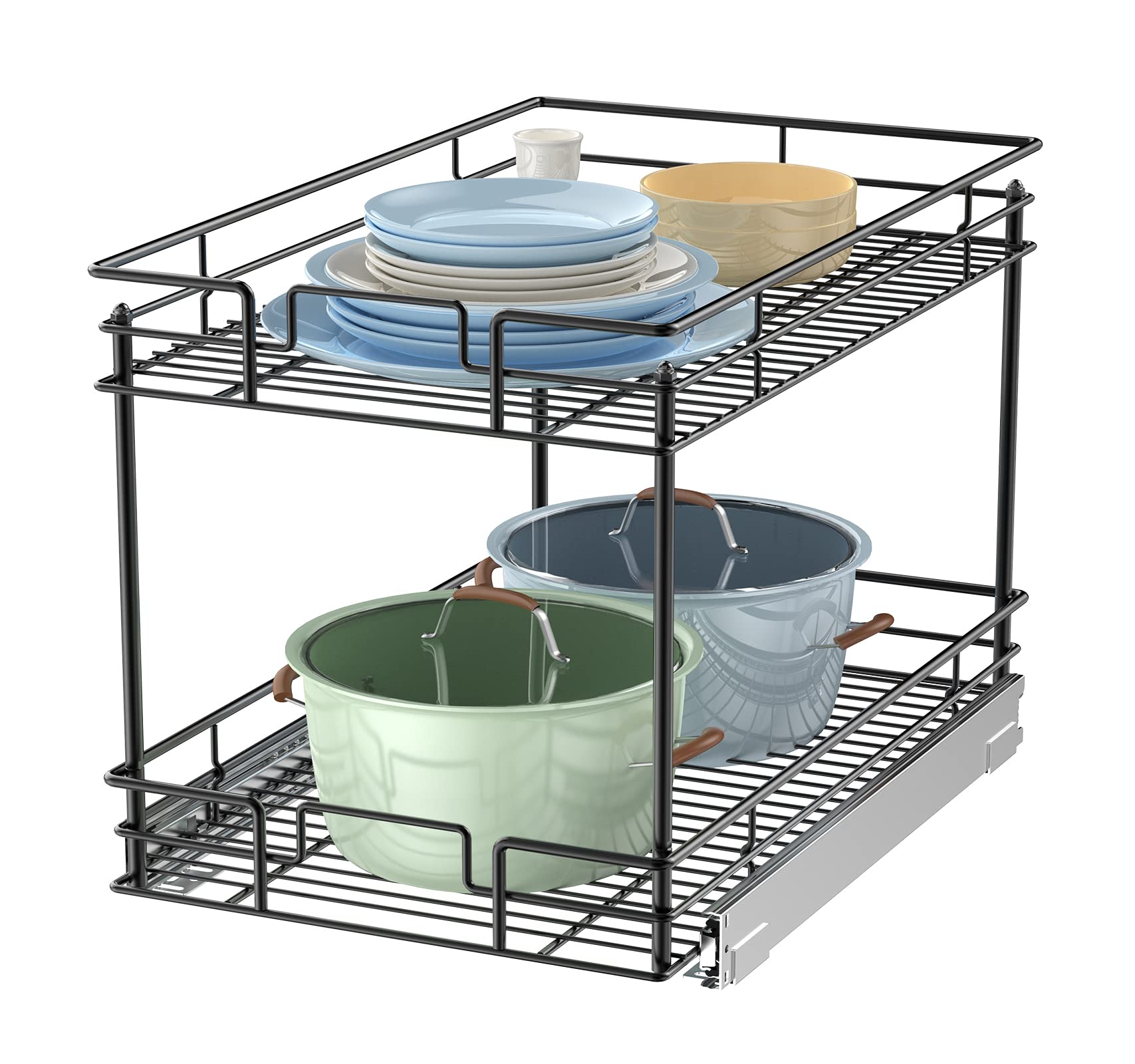 LOVMOR Cabinet Organizer, 2-Tier Pull Out Cabinet Organizers 11" W x 21" D, Pull Out Home Organizers Chrome Pull Out Drawer for Base Cabinet Black