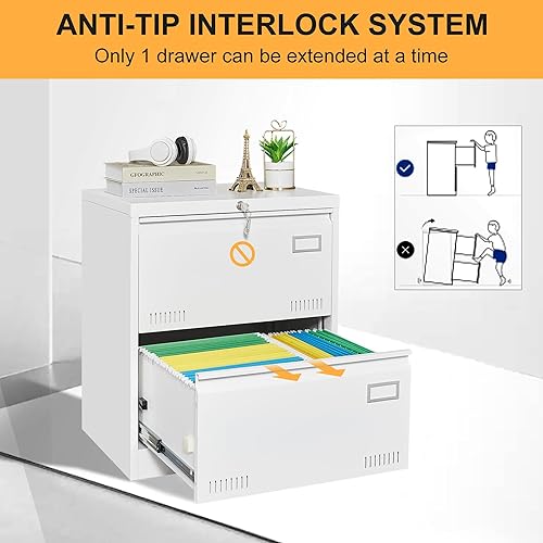 Miniatura 4 de GREATMEET Archivador lateral de 2 cajones, archivador lateral con cerradura, archivador lateral de metal para tamaño cartalegalF4A4 con barras para