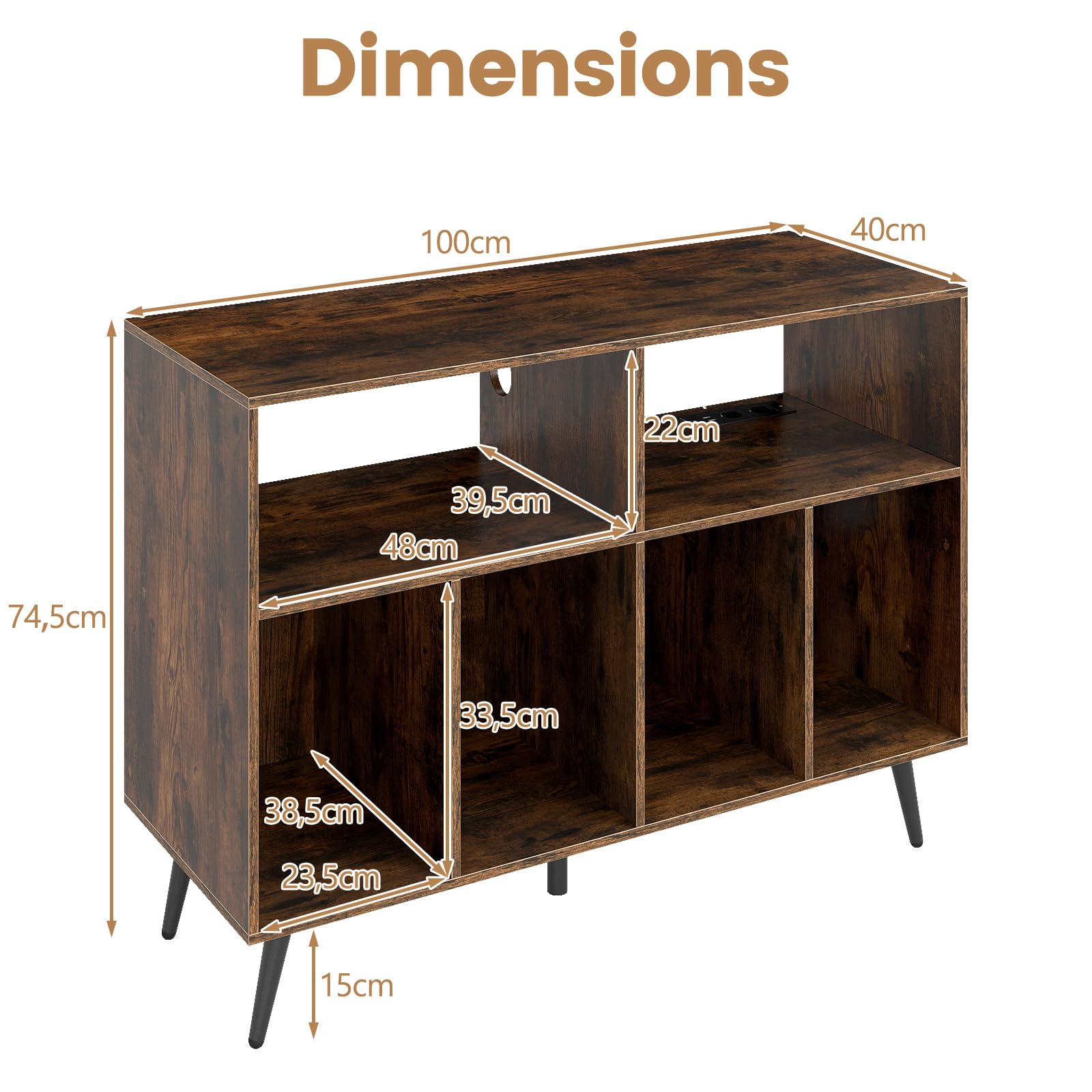 KOMFOTTEU Meuble Platine Vinyle à 3 Niveaux, Support de Tourne-Disque avec 4 Compartiments & 2 Étagères Ouvertes, Meuble Tourne-Disque, 100 x 40 x 74,5 cm (Marron, avec Station de Recharge)