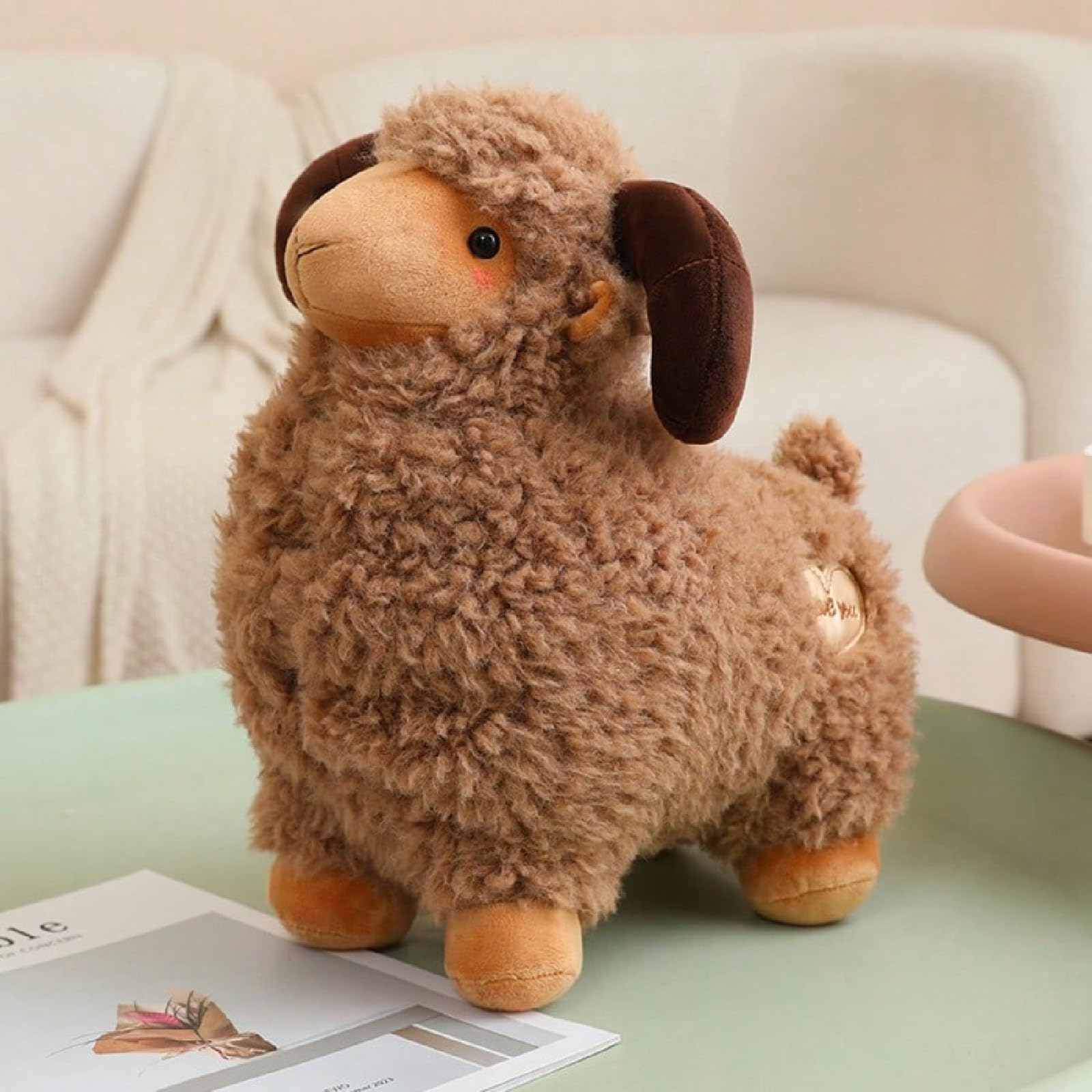 Plüschschaf, Plüschtier Dickhornschaf, niedliches Ziegen-Dekokissen, Schreibtischdekoration, Wohnaccessoire, Fotorequisite, Geschenk für Freunde (45cm,Brown)