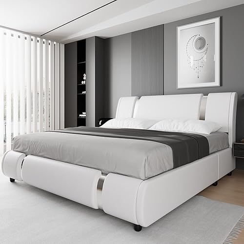 Miniatura 10 de TTVIEW Base de cama tapizada de piel sintética moderna con decoración de metal de hierro cabecera curvada ajustable soporte de listones de madera no