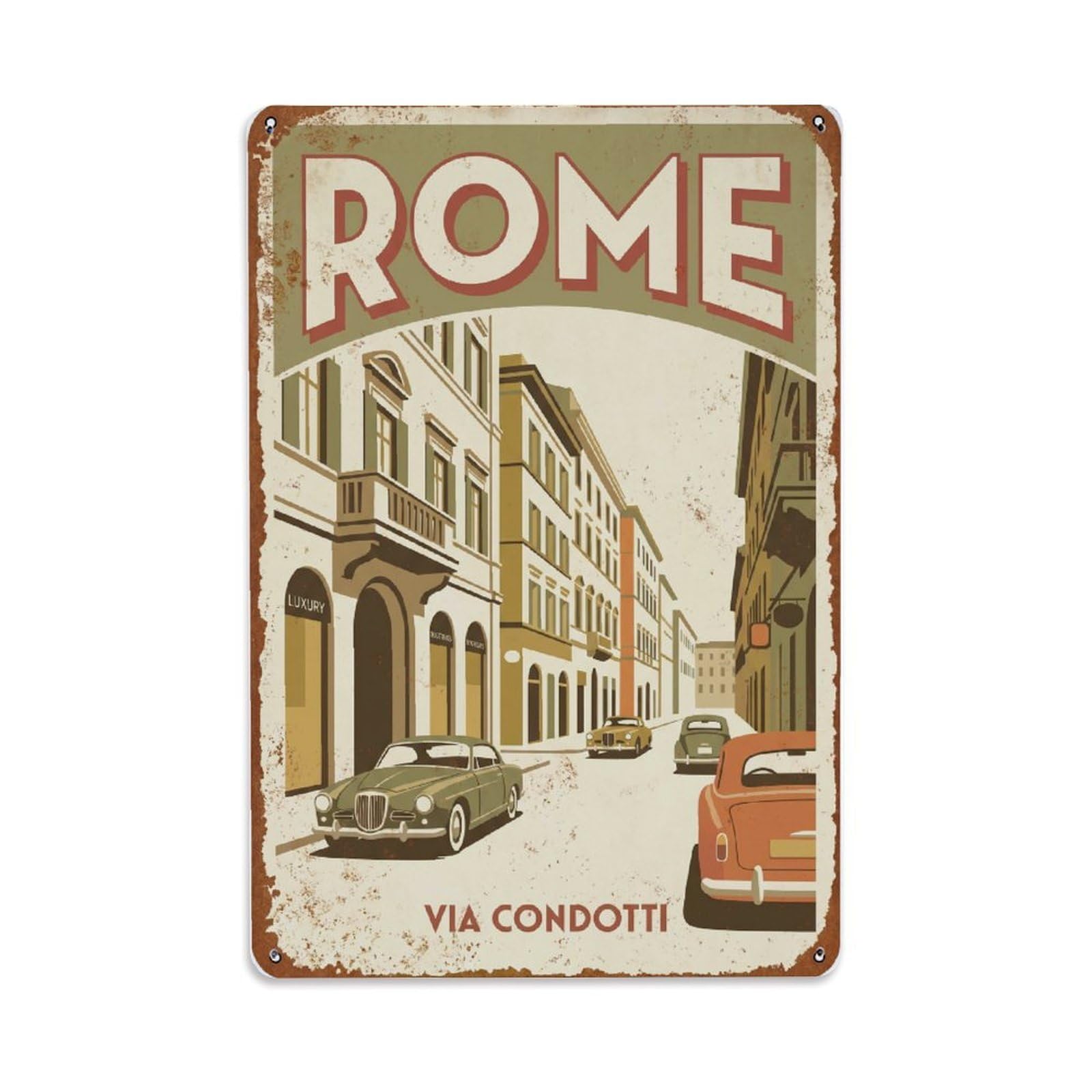 Vintage Travel Rome Via Condotti Luxury Shopping Street Rusted Italy Metal Tin Sign Plaque Wall Decor for Cafe, Club Bar, Office, Home Garden Metal Poster 8x12Inch