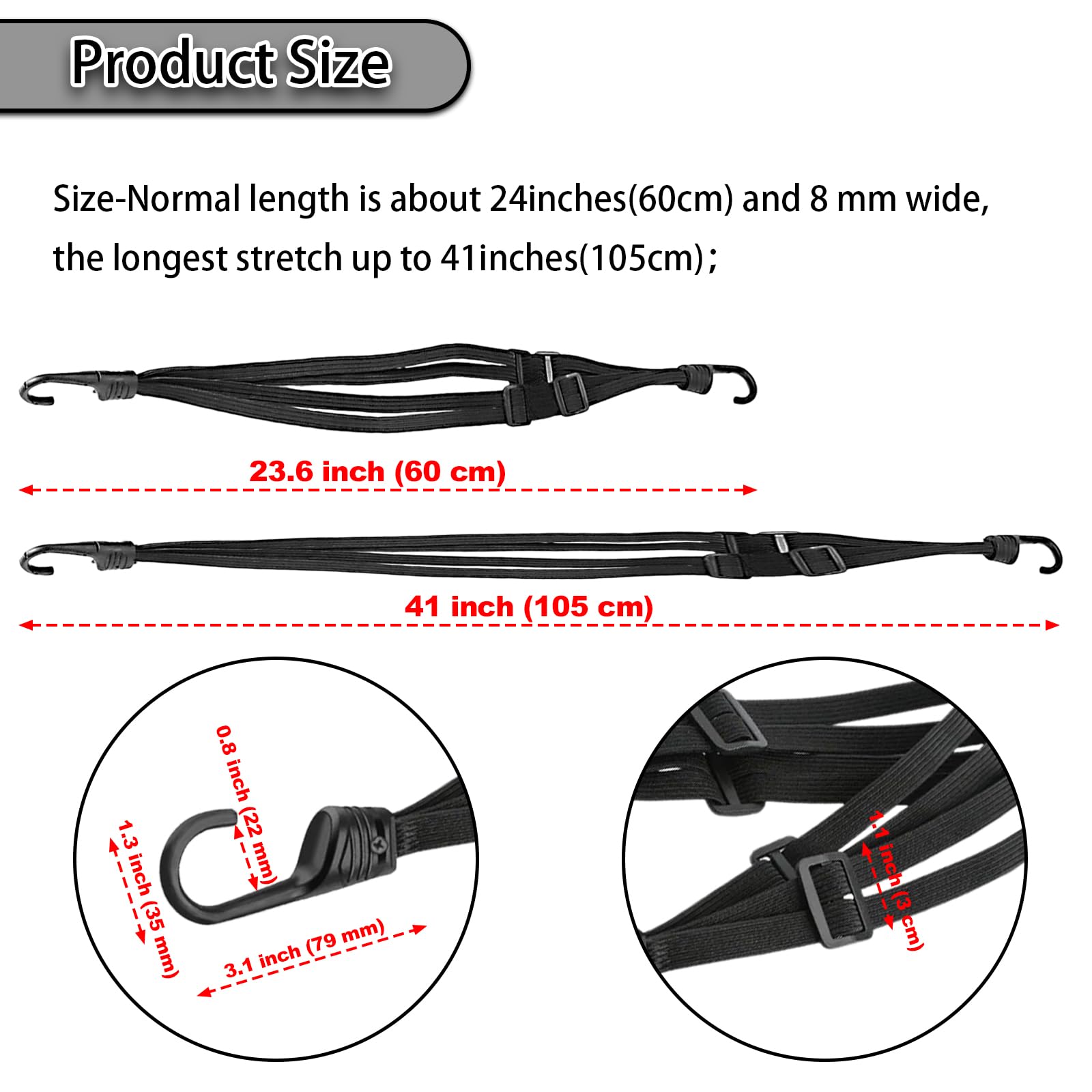 24inch Bungee Cord with Dual Hooks, 5Pcs High Elastic Bungee Cords Outdoor Four-Strand Split Tie Down Straps for Motorcycle Helmet,Bicycle?Luggage Rack Securing