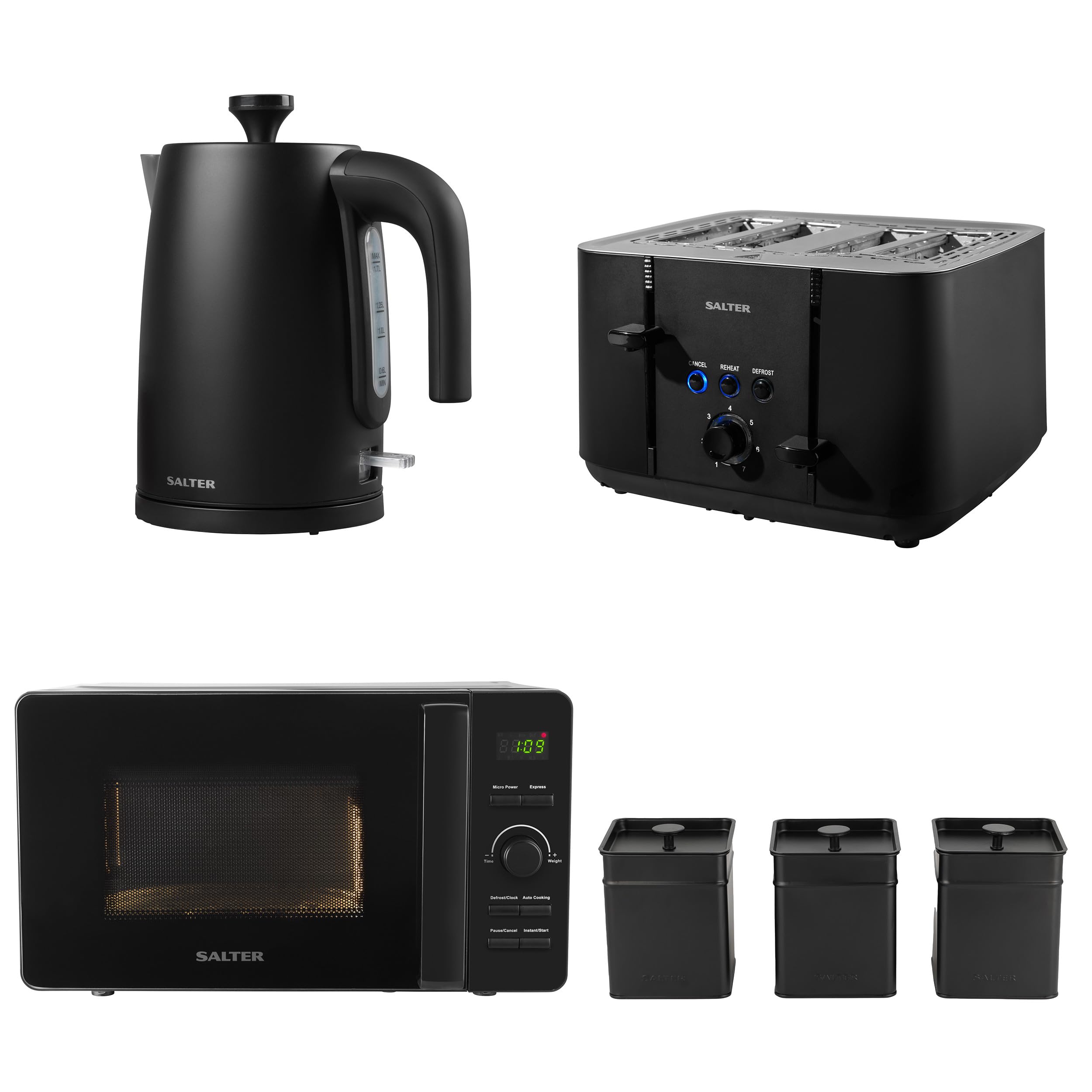Salter COMBO-8857 Kuro Kettle Toaster Microwave Set – With Storage Canisters, Tea/Coffee/Sugar Tins, 1.7L Fast Boil Kettle, 4-Slice Toaster, Freestanding 20L LED Digital Microwave Oven, Black