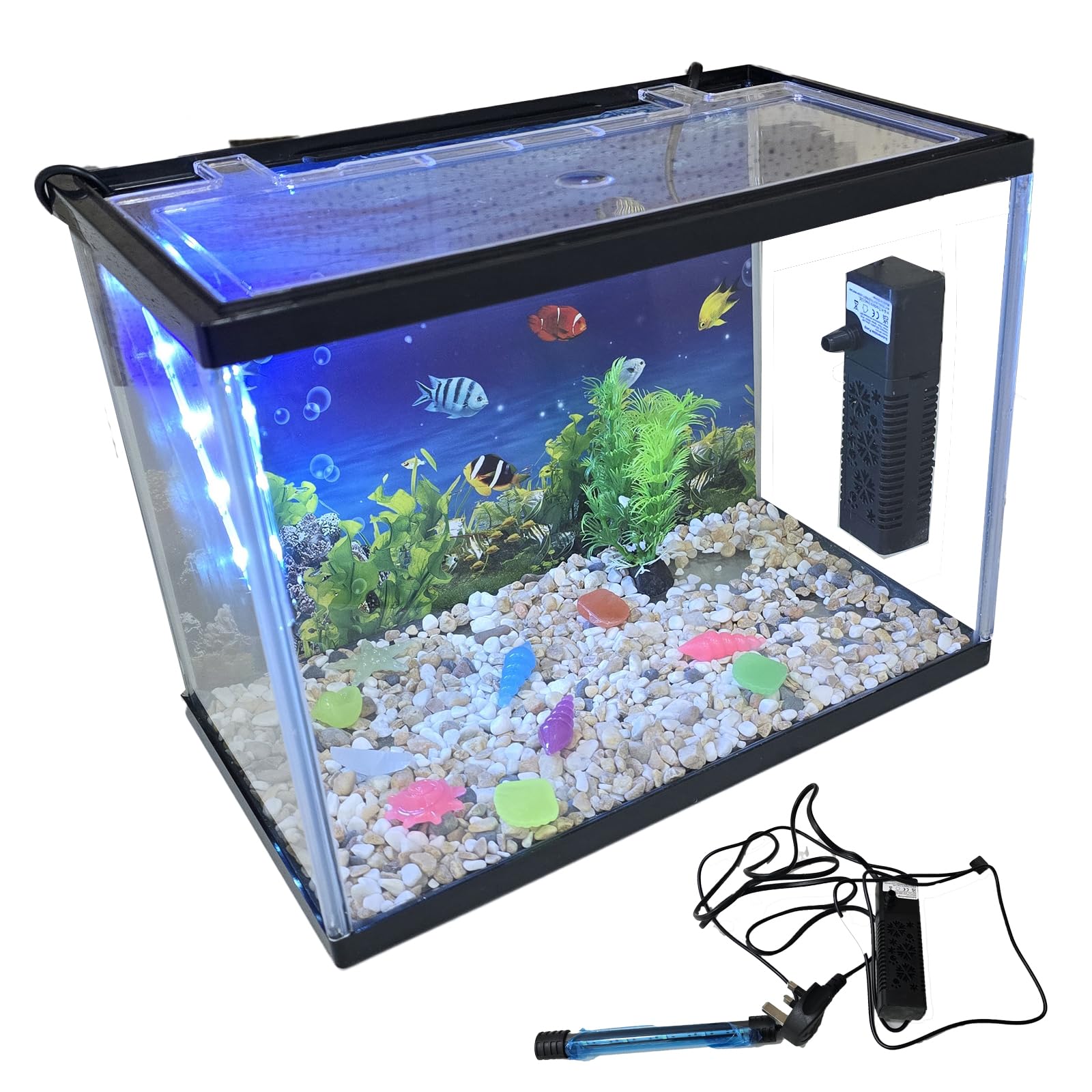 LED Glass Aquarium Fish Tank Starter Kit With Fish Net, Led Light and Air Pump Filter (12L)