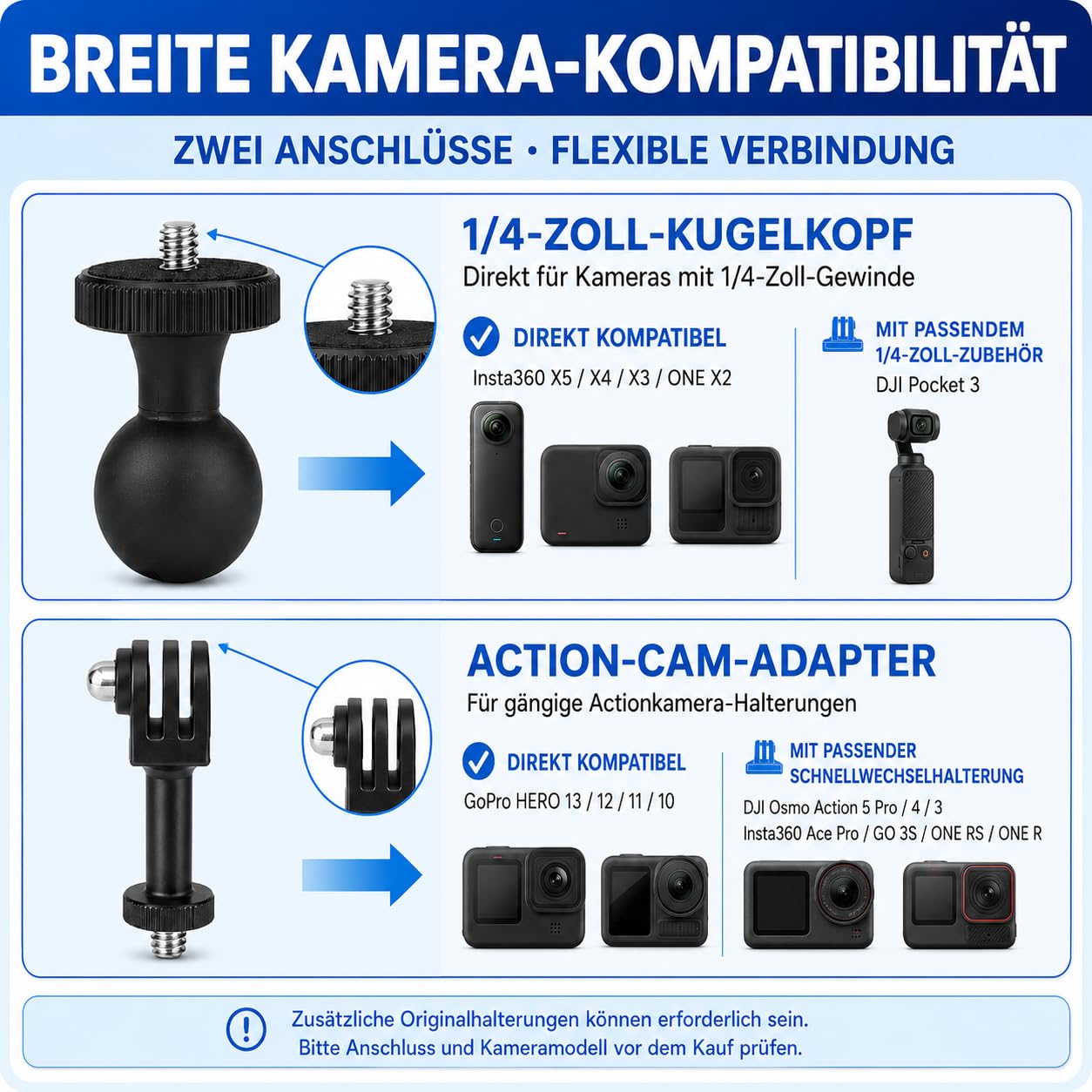 Motorrad-Halterung für Insta360 X5/X4/X3, 150 cm unsichtbarer Selfie-Stick | Doppelstütz-Klemmset mit 4 gepolsterten Rohrklemmen, 2 Verbindungsarmen und 40–150 cm Teleskop-Selfie-Stick.