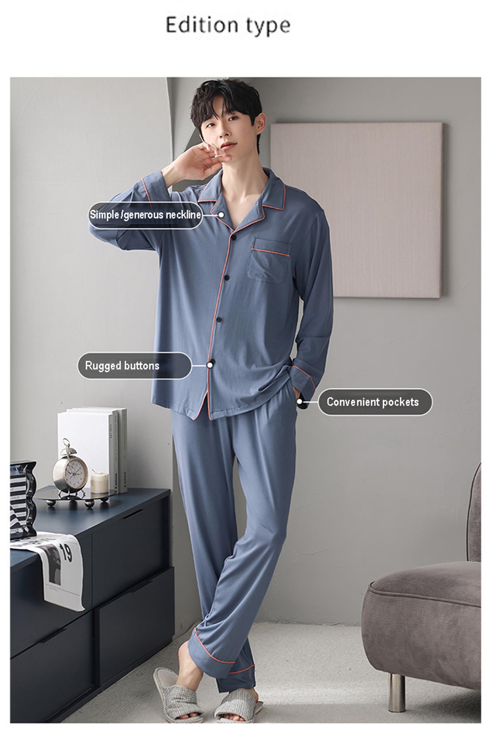 Morbido Pigiama Set, Pulsante Giù Lungo Manica Pigiameria Uomo per Gli Uomini 2 Pezzi Pjs Set con Tasche