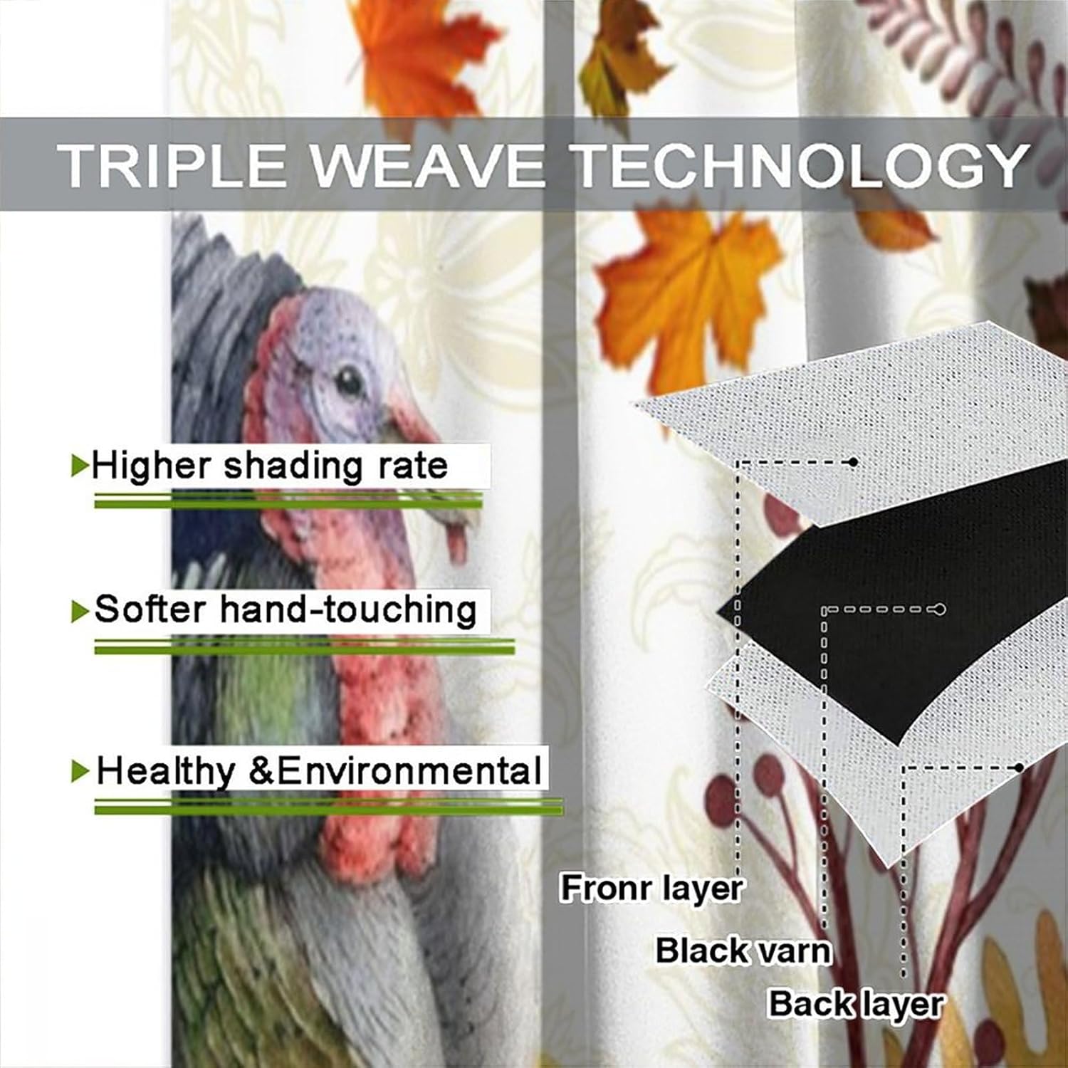 Rustic Thanksgiving Turkey Curtains - Vintage Fall Harvest Maple Leaf Watercolor Pumpkin Autumn Window Curtain Room Darkening Blackout Thermal Insulated Rod Pocket Curtains 2 Panels 45"L x 21"W