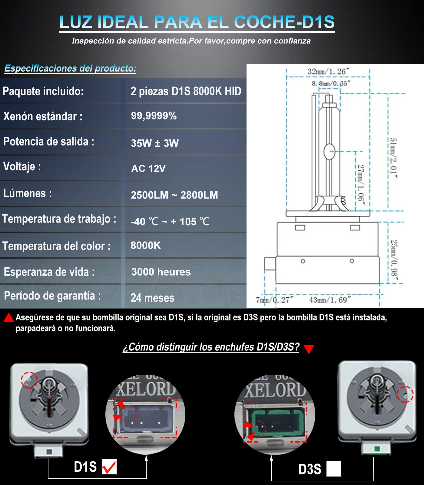 XELORD D1S 8000K Xenón Bombilla 35W Brillo Alto HID Auto Lámpara Faro Delantero,Paquete de 2