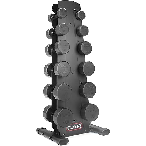 CAP Barbell Rubber Coated Dumbbell Weight Set with Vertical Rack | 100 lb, 150 lb, and 210 lb Options