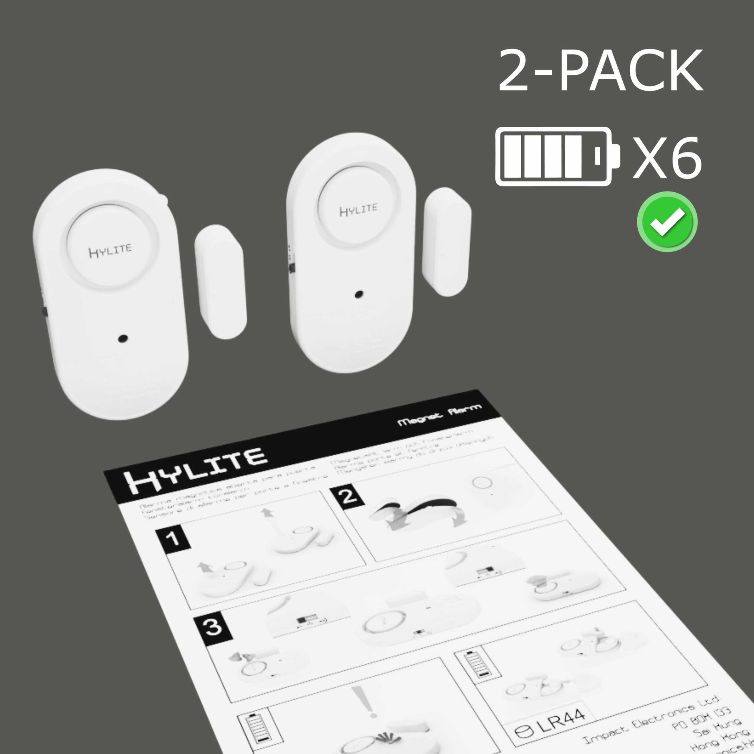 HYLITE Alarm Magnetyczny Drzwi Okno 2-Pack – 125dB Alarma lub Ding-Dong, Montaż Klejowy bez Wiercenia, Bateryjny Standalone, Biały