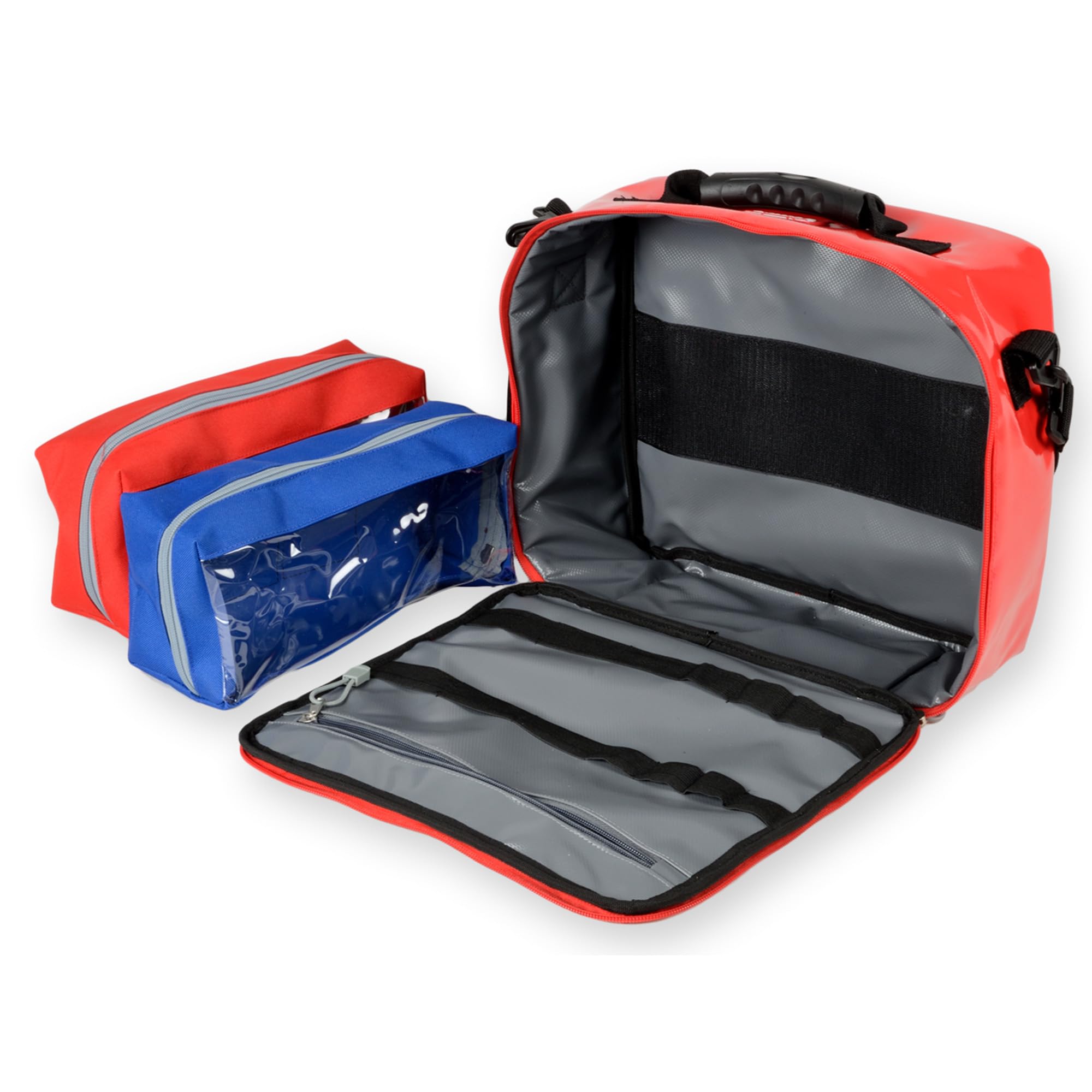 GIMA Sac d'urgence CUBO pour sauveteurs vide, en polyester, revêtu de PVC, couleur rouge, dimensions 28 x 34 x 13 cm, avec bandoulière, poche zippée intérieure et extérieure et 2 sacs à main amovibles