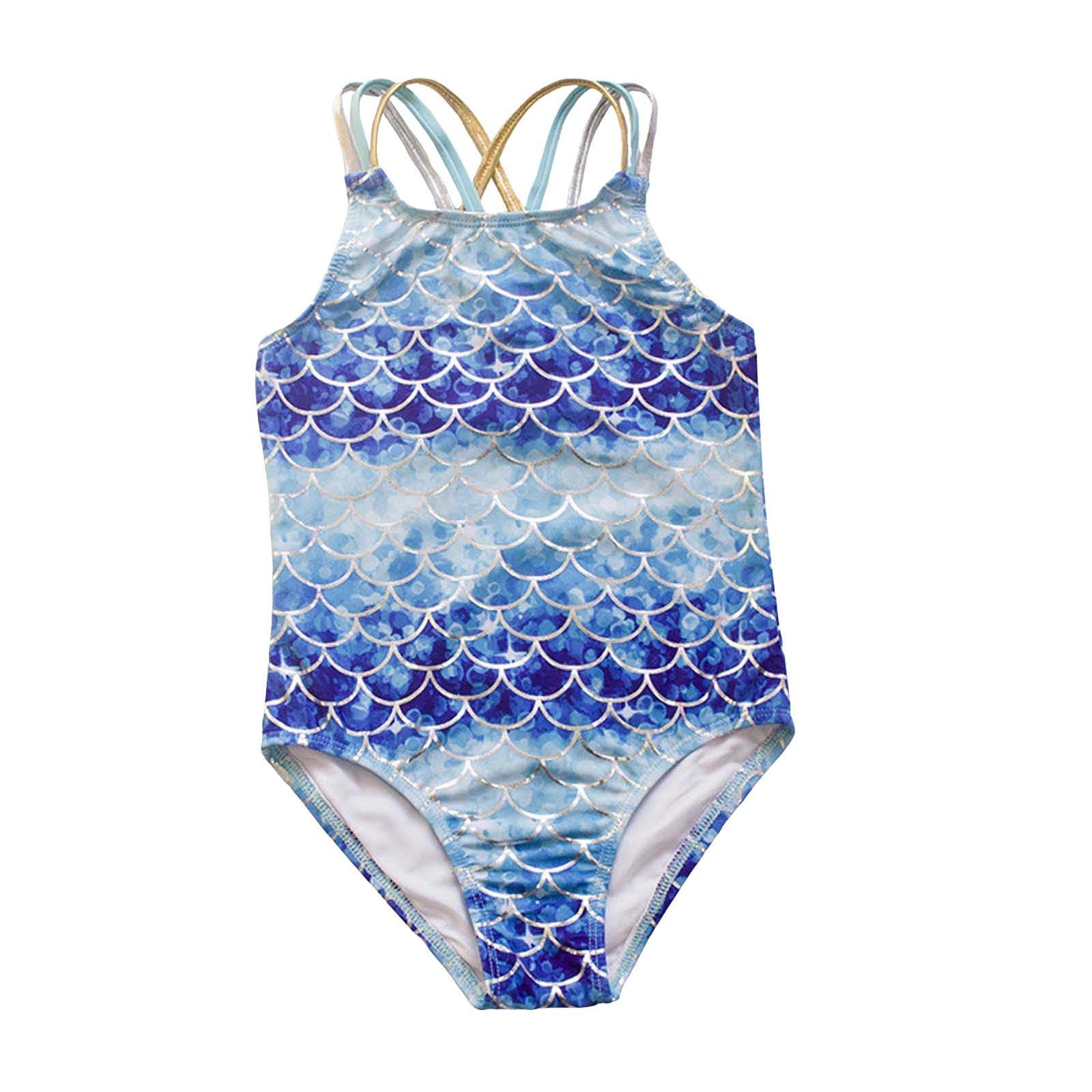 Traje de baño de verano Madchen nuevo traje de baño azul de una pieza para niñas con diseño de escamas de peces de lámina dorada, traje de baño para niños.