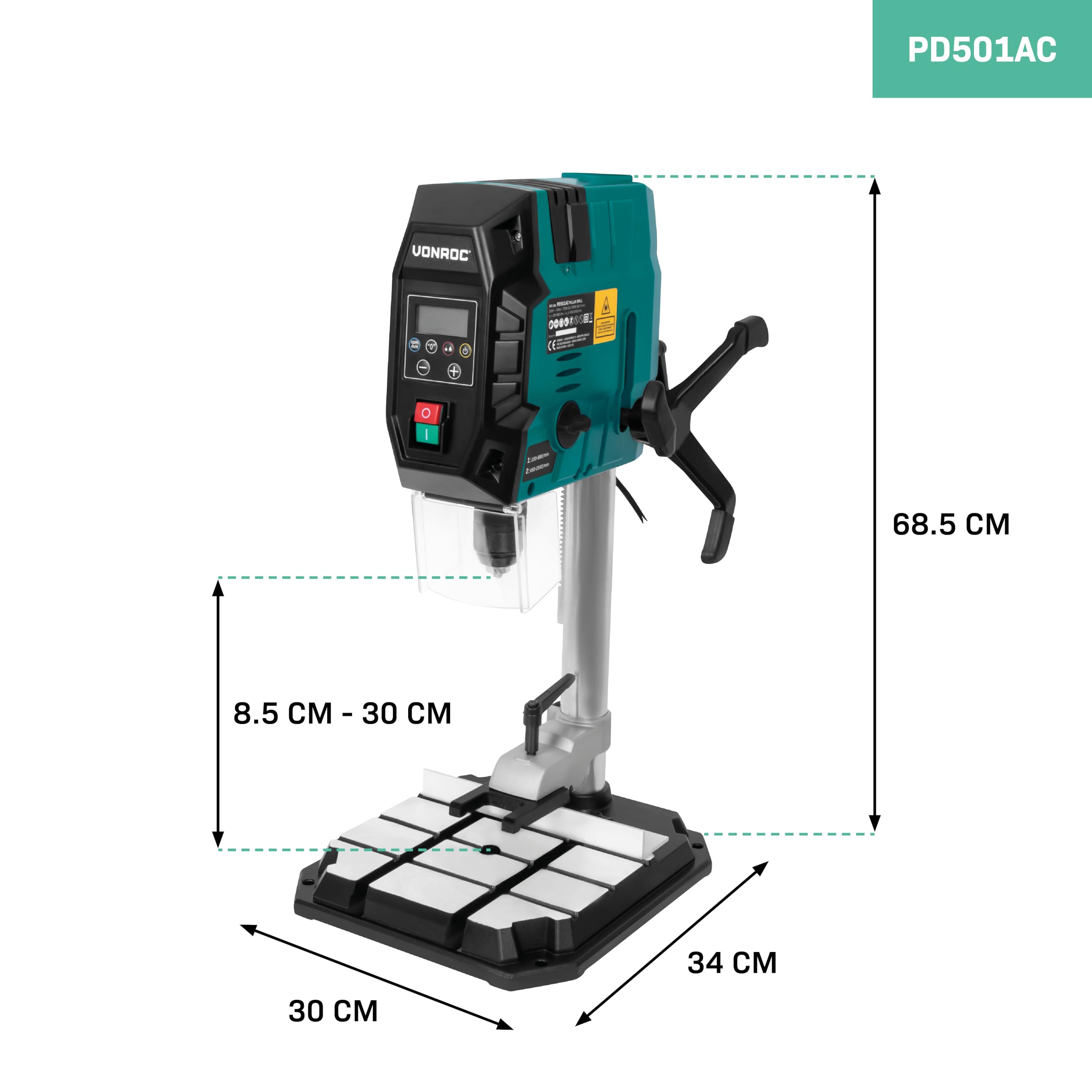 VONROC Wiertarka słupowa 900 W – wiertarka stołowa – wiertarka kolumnowa – cyfrowy panel sterowania z wyświetlaczem LCD – drewno 40 mm/stal 13 mm – laser krzyżowy i światło LED – w zestawie akcesoria