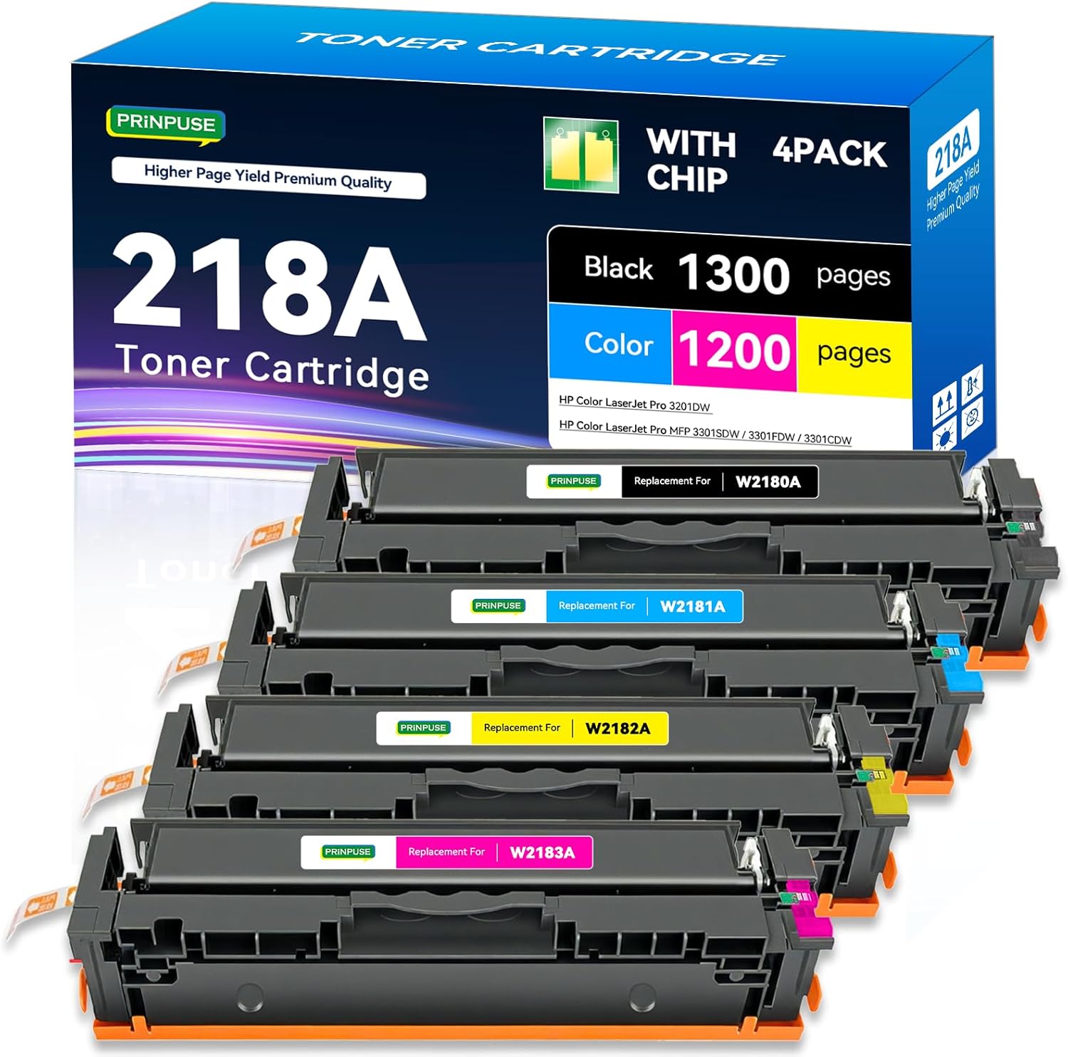 218A Toner Cartridges 4 Pack with chip 3301fdw 3201dw Printer Replacements for HP 218A 218X Toner Cartridges 4 Pack Used with Color LaserJet Pro MFP 3301cdw 3301sdw, Printer Ink Set W2180A