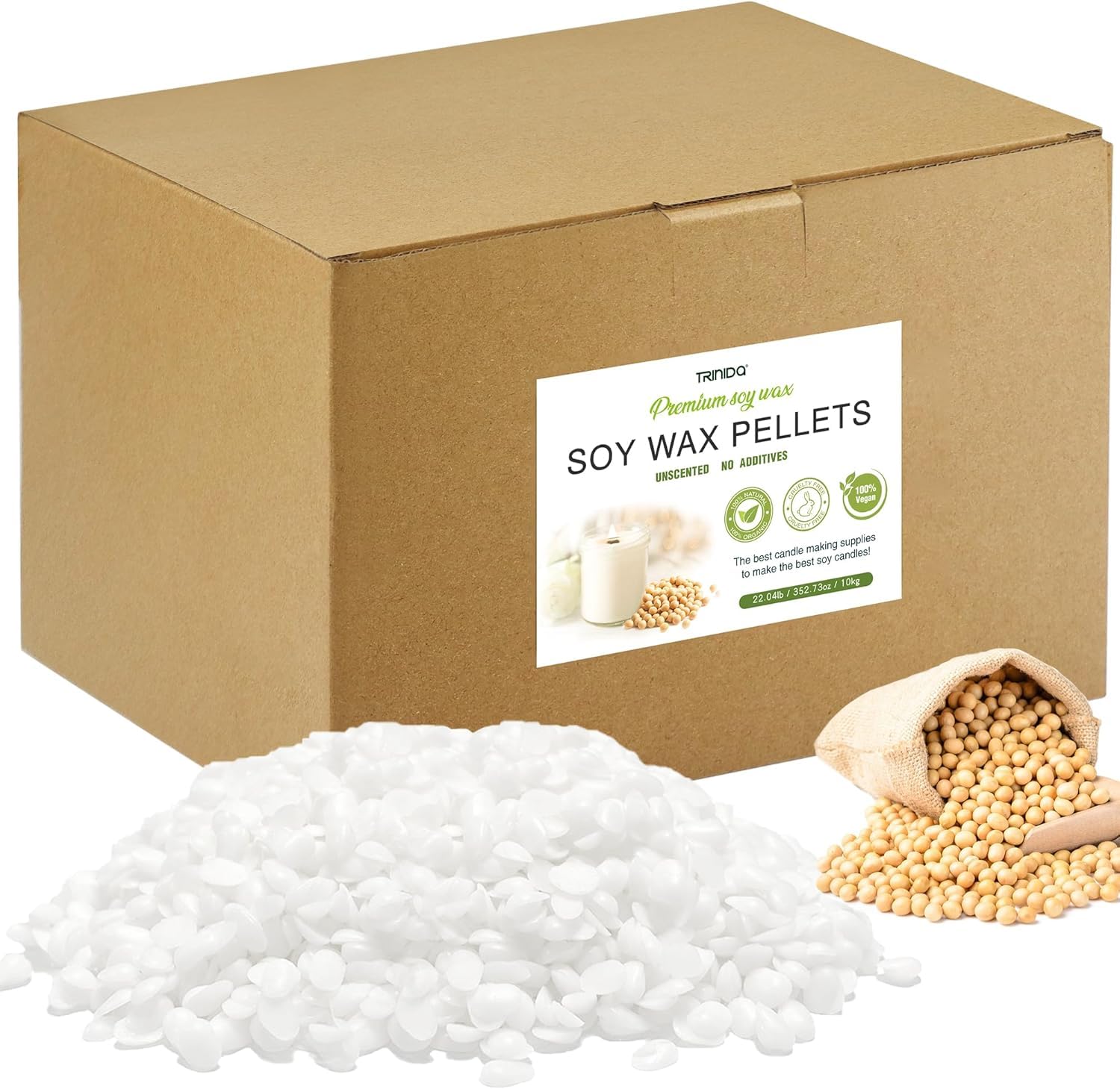 TRINIDa Cera de soja para hacer velas, 10 kg de pellets de cera de vela SoyPRO, suministros de cera de soja 100% pura y natural, combustión limpia y alta retención de fragancia, adecuada para