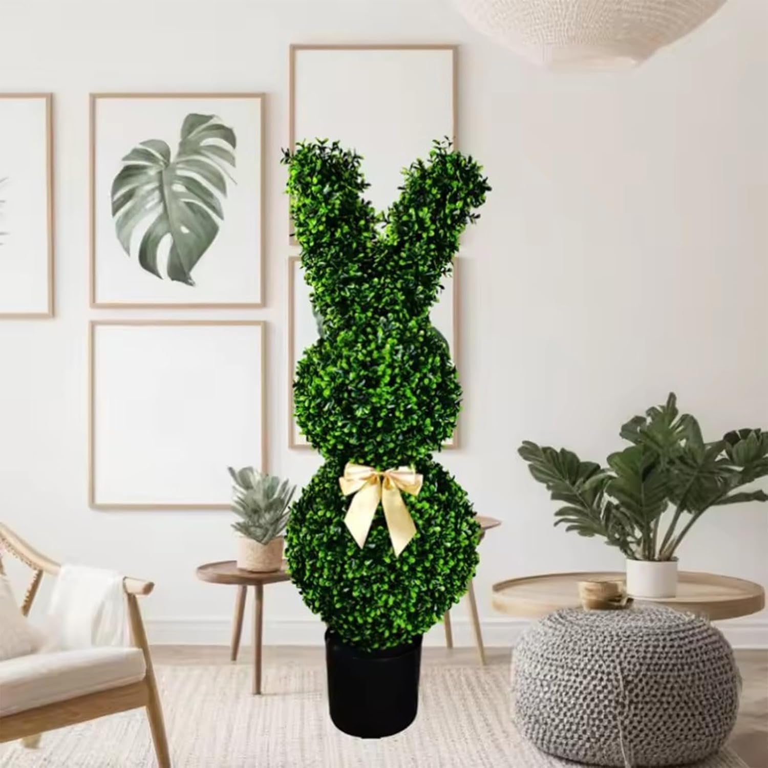 Topiario de conejo para exteriores, árbol topiario artificial verde en forma de conejo, plantas de arbusto de boj sintético, planta topiaria de boj de conejo de Pascua para decoración de porche en