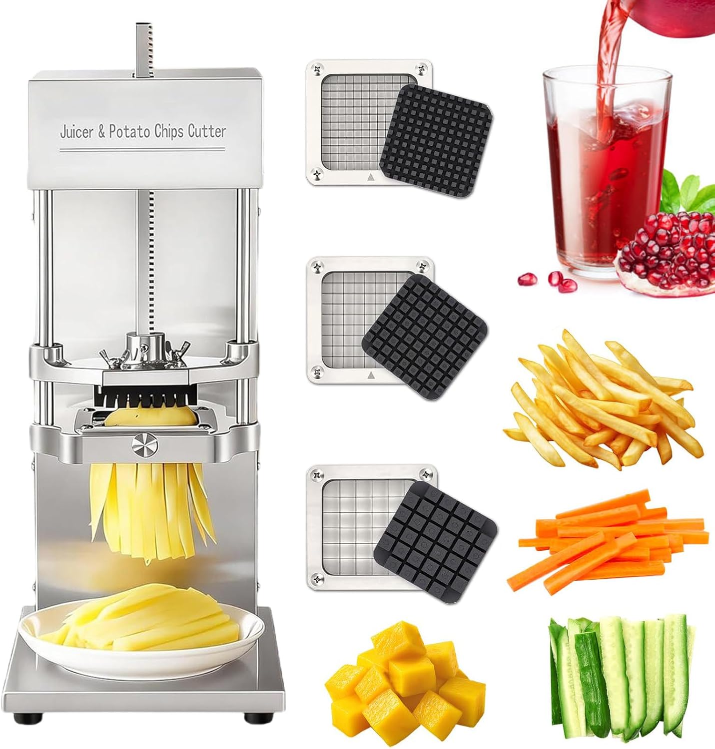 Electric Food Prep Machine for Cutting Strips and Extracting Juice, Commercial Design Handles Potatoes, Carrots, Oranges, and Lemons