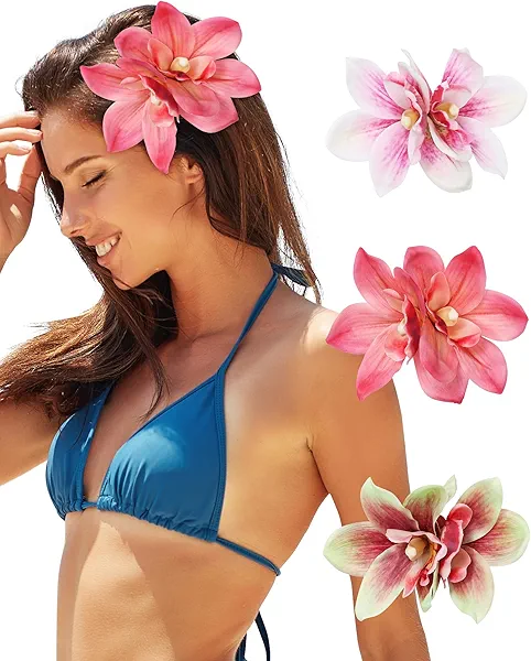 3 PCS Hawaiian Flower Hair Clips for Women Artificial Orchid Hair Barrettes Hibiscus Flower Hair Clips for Wedding Bridal Beach Party(Pink+Rose+Green)