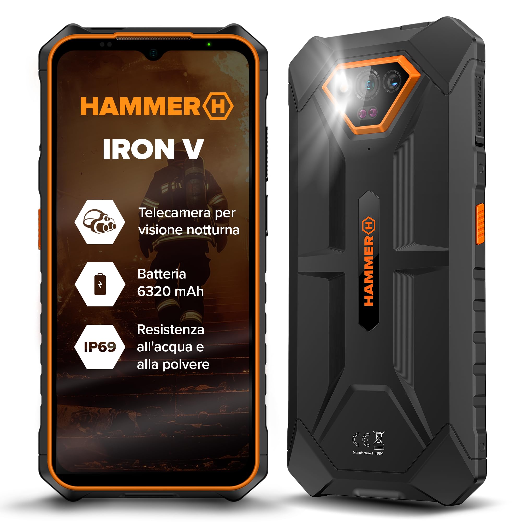 Hammer Iron V 6GB/64GB Telefono Indistruttibile, Camera 50 MP + Visione Notturna 24 MP, Batteria 6320 mAh, NFC, Smartphone Rugged Con Dual SIM, IP69, Display 6,5", Nero/Arancione