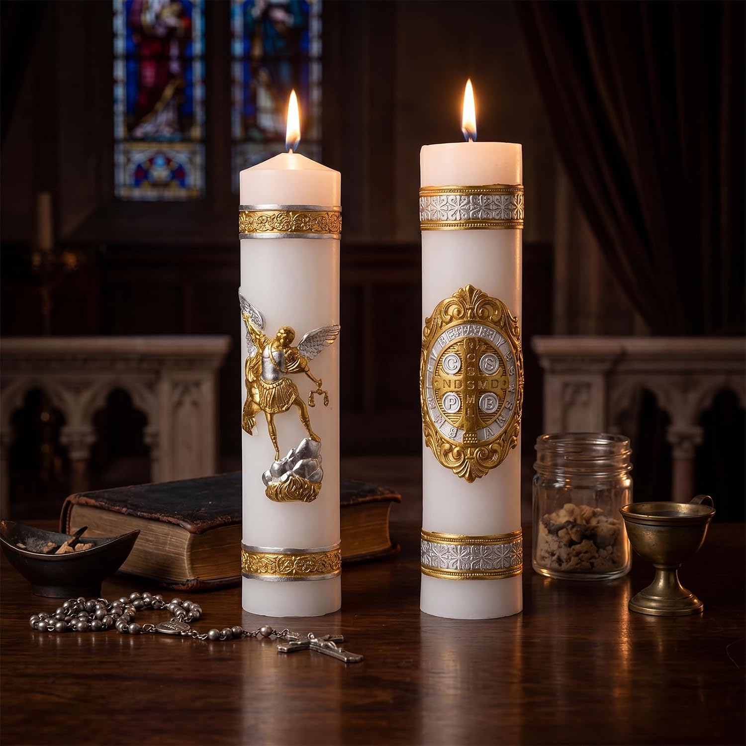 MTLEE 2 Pcs Religious Candles Catholic Framed Medal Candle Catholic St Medals Candles Cirios Catolicos for Prayer Veladoras Mexicanas Devotional Cirios Paschal Candle