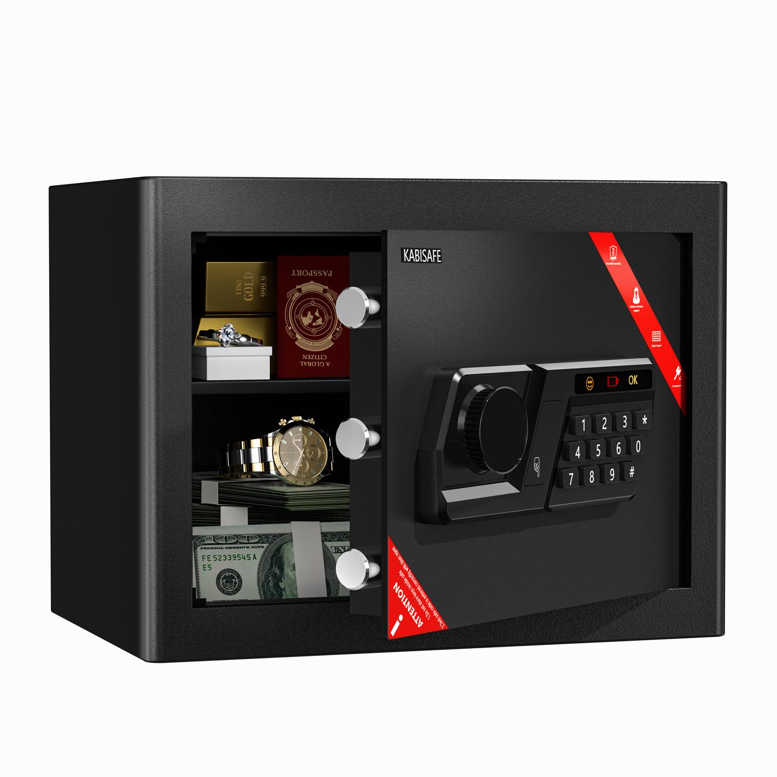 KABISAFE 25L Safe Tresor für Zuhause, Möbeltresor mit Zahlenschloss,Digitaler Tresor mit Herausnehmbares Regal und Alarmanlage,Wandtresor für Schmuck Bargeld Dokumente