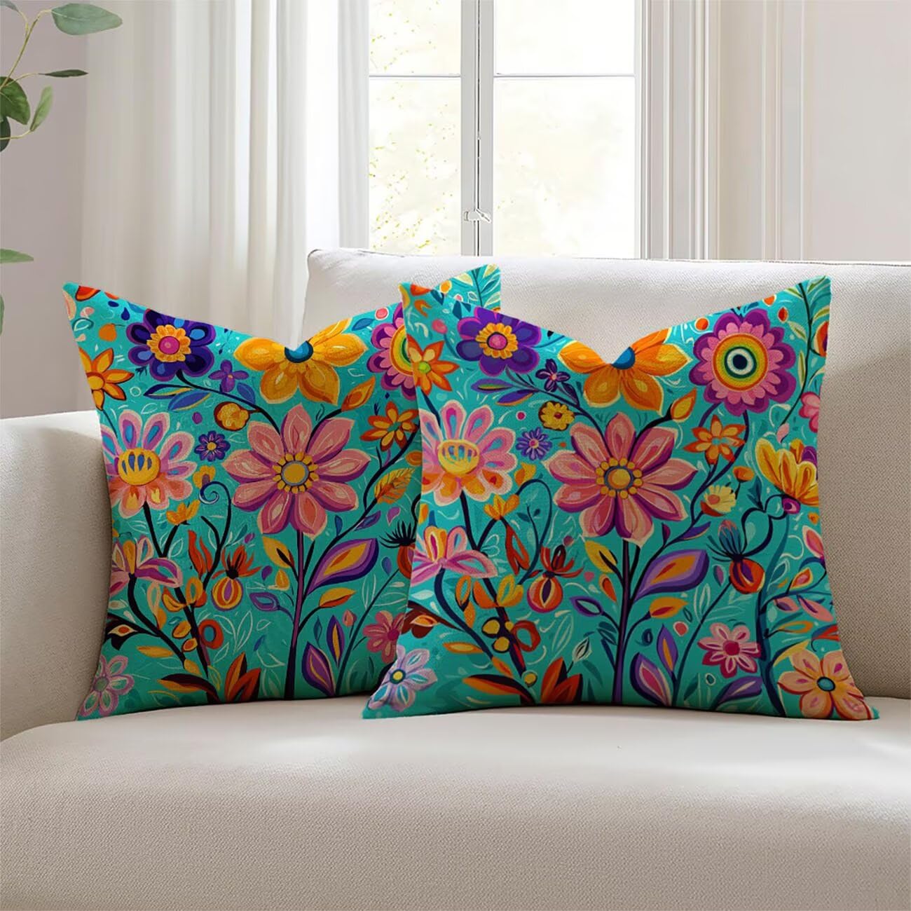 Housse de coussin 55x55cm fleur lin imperméable canapé
