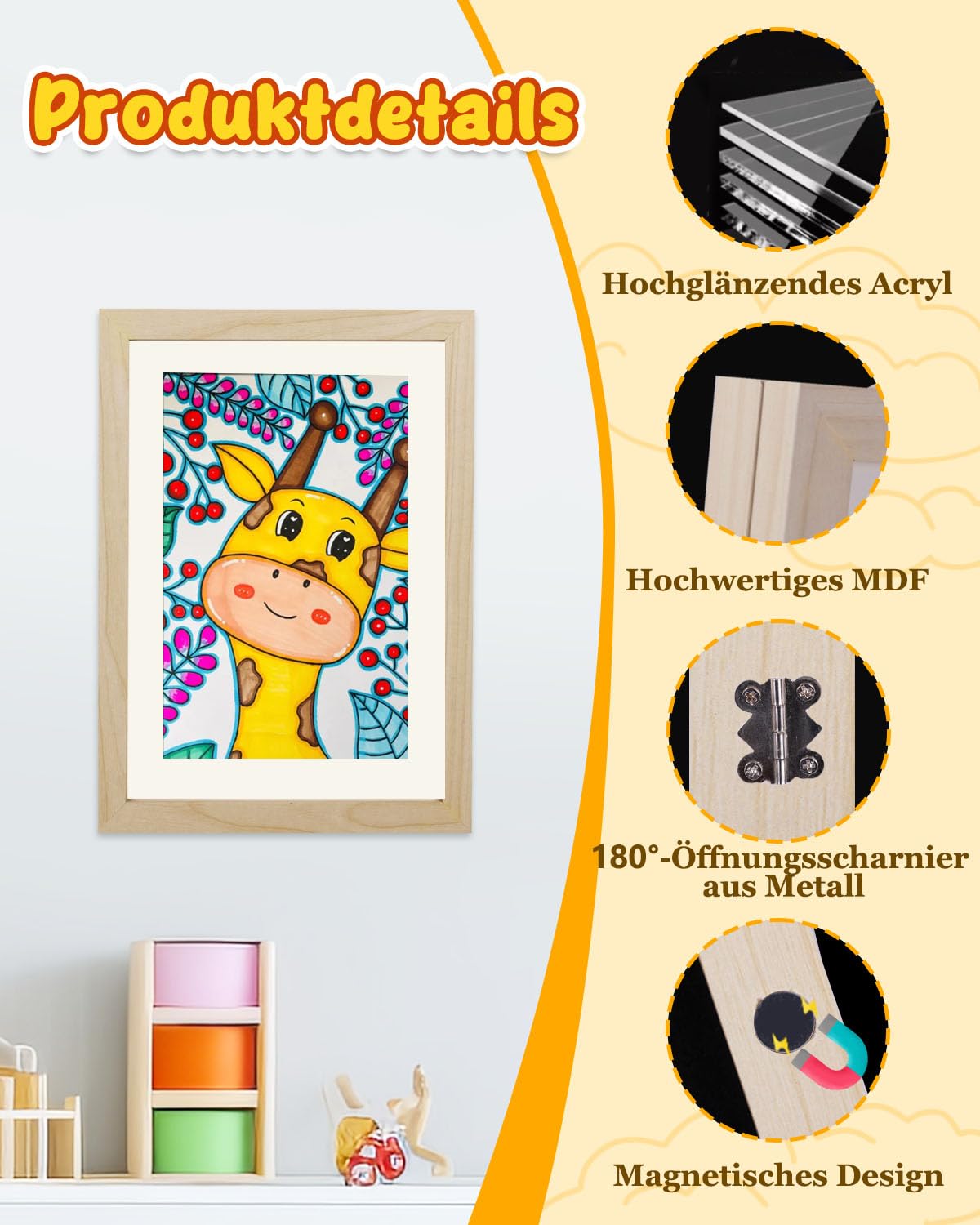 Kinder Bilderrahmen, 2 Stück A4 Befüllba Bilderrahmen für Kinder mit Frontöffnung und Halterung zum Aufhängen oder Aufstellen von Kinderzeichnungen, Kunstprojekten (Holz)