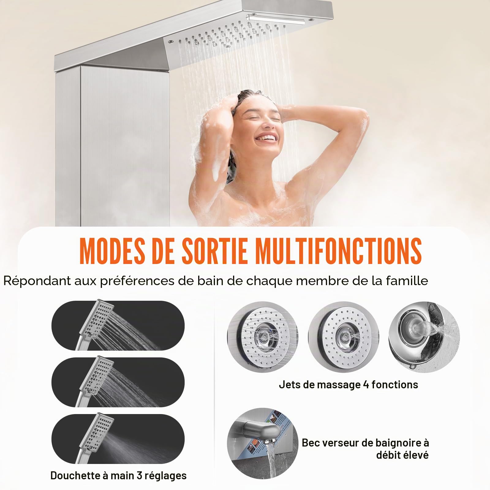 VEVOR Système de Panneau de Douche avec 6 Modes, Tour de Panneau de Douche LED et Affichage, Pluie, Cascade, 4 Jets de Massage, Bec de Baignoire et Pomme de Douche avec Tuyau, Ensemble de Douche