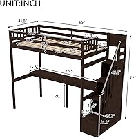 Vista 2 de Cama tipo loft con escritorio y escaleras, cama tipo loft de tamaÃ±o individual con escalera de almacenamiento, cama alta de madera con escalÃ³n
