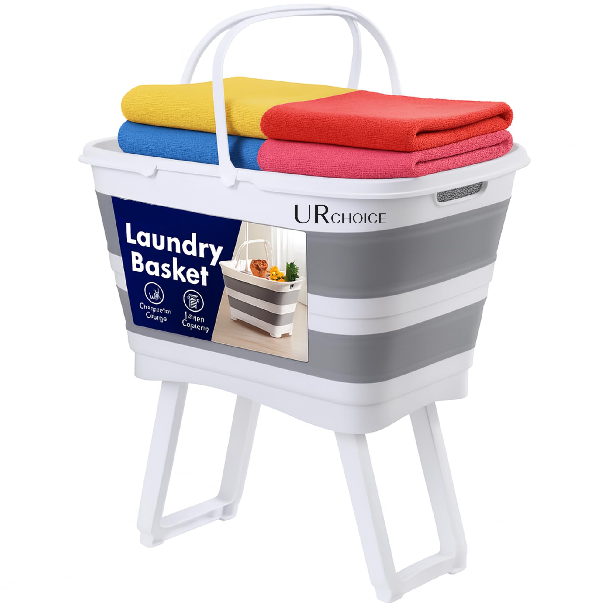 UR CHOICE 40 L Collapsible Laundry Basket with Foldable Legs, Portable Washing Bin with Handles, Space Saving Clothes Hamper for Laundry Toys Shopping and Storage